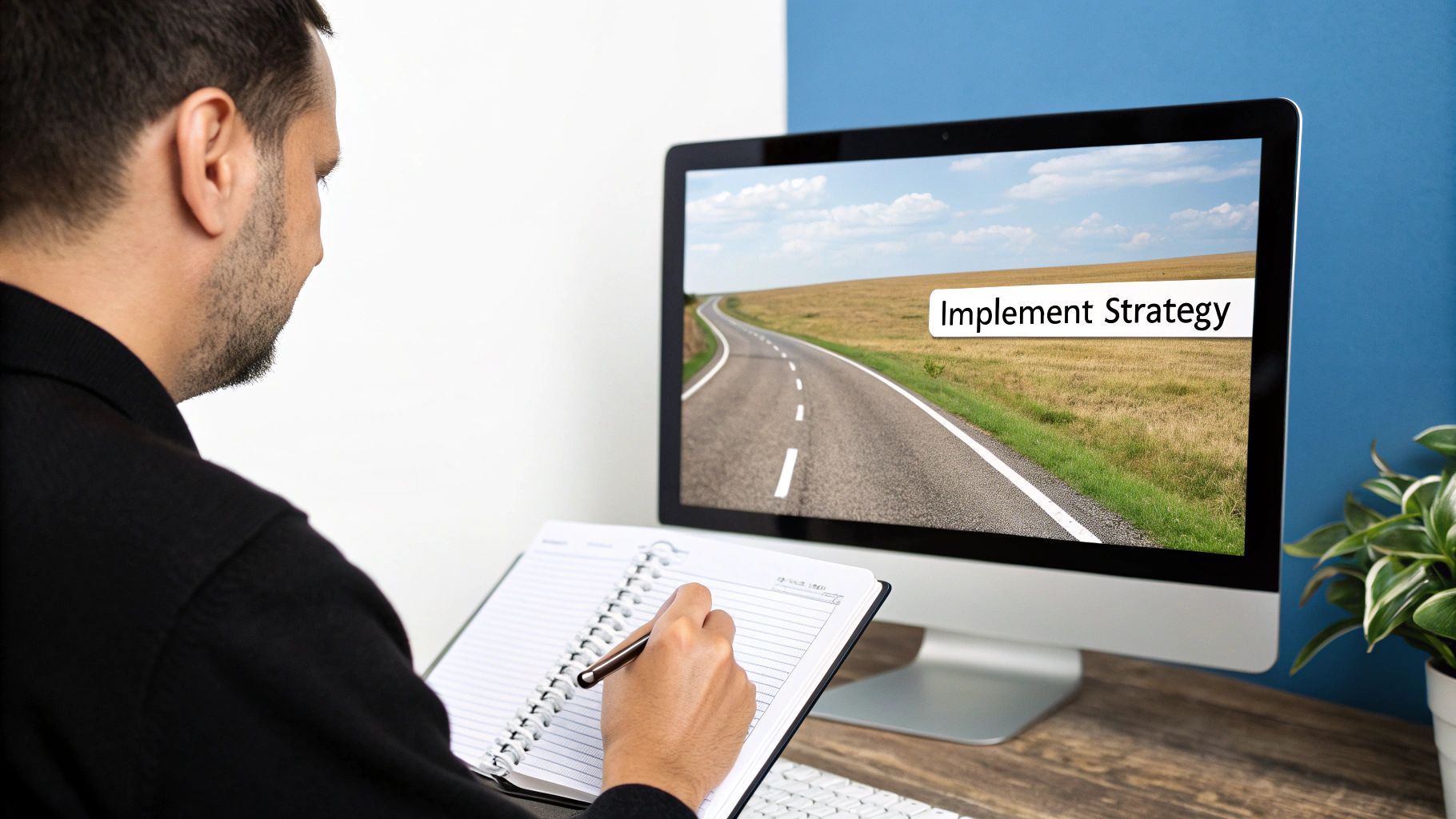A person at a desk sketching out a product strategy on a notepad, with a laptop and coffee nearby.