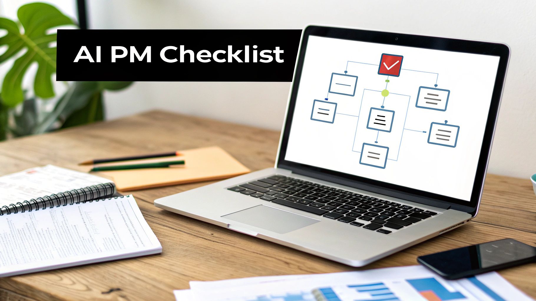 A laptop displays an AI PM checklist flowchart on a wooden desk with a notepad and pens.