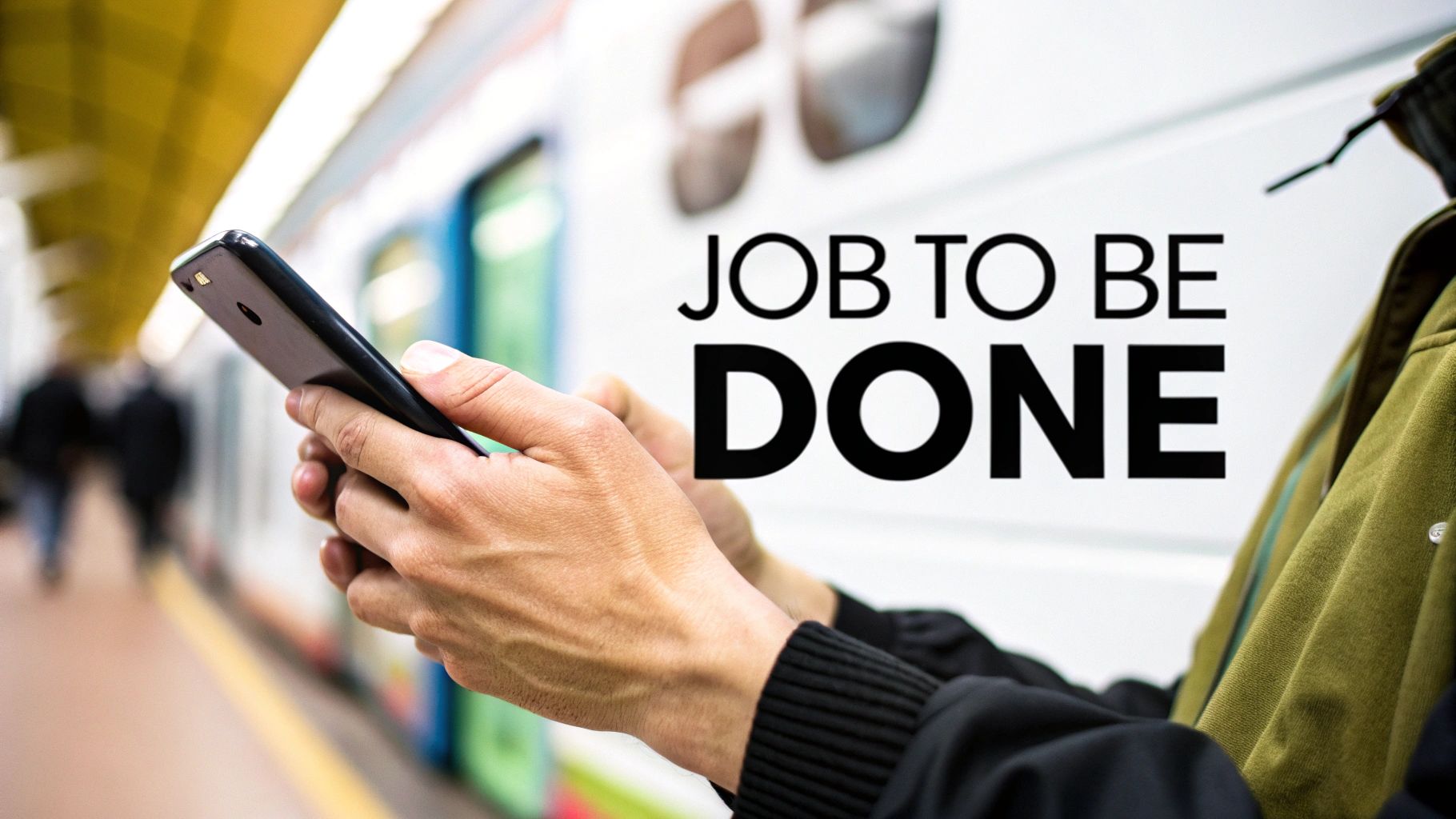 Close-up of a person's hands holding a smartphone on a subway platform, with 'JOB TO BE DONE' text overlay.