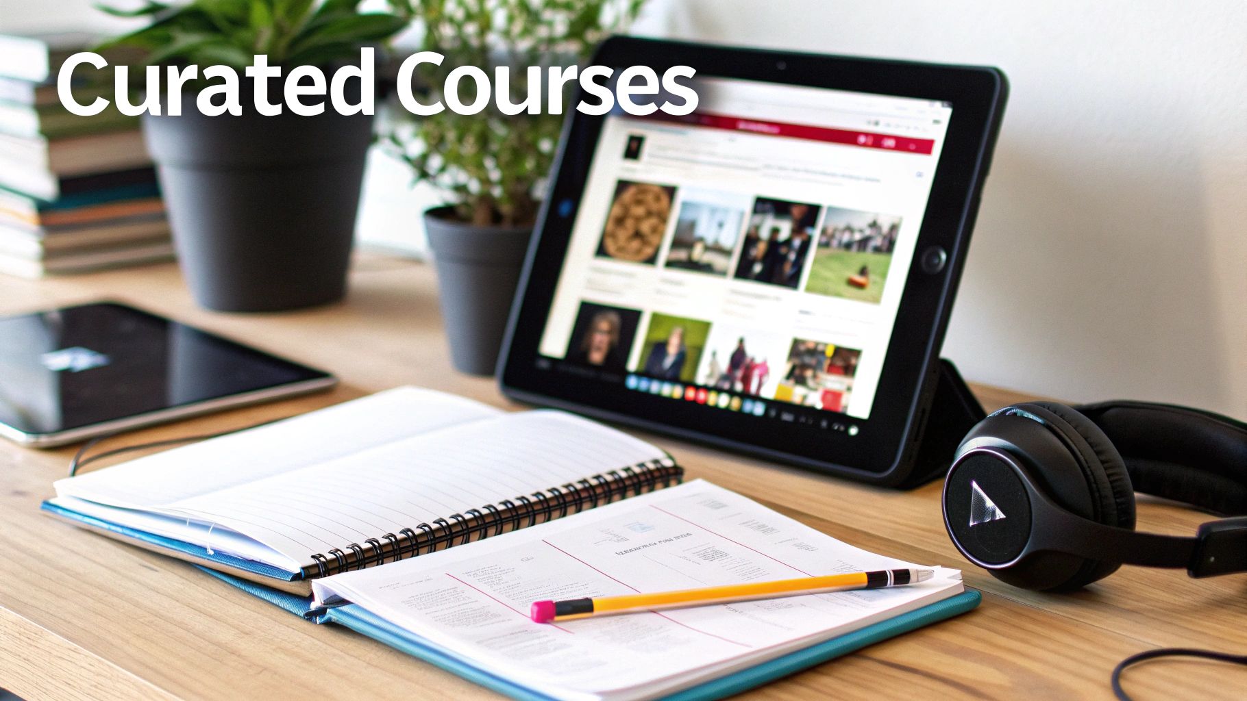 A productive desk setup with a tablet displaying content, books, a notebook, and headphones, with 'Curated Courses' text.