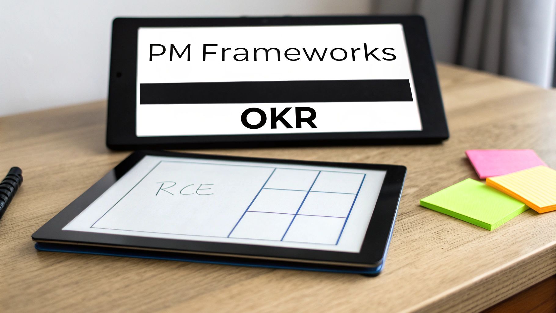 Tablets displaying PM frameworks like OKR and RCE, with sticky notes and pen on a wooden desk.