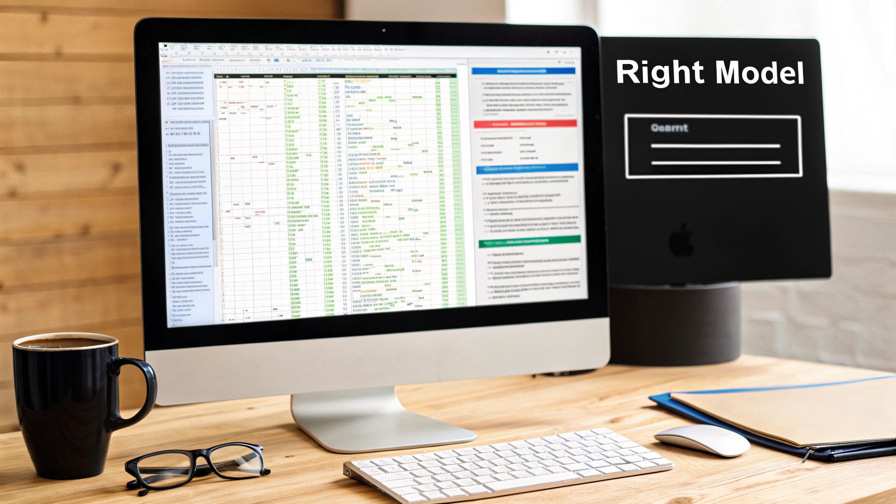 Computer monitor displaying regression analysis spreadsheet with data tables and statistical models on wooden desk