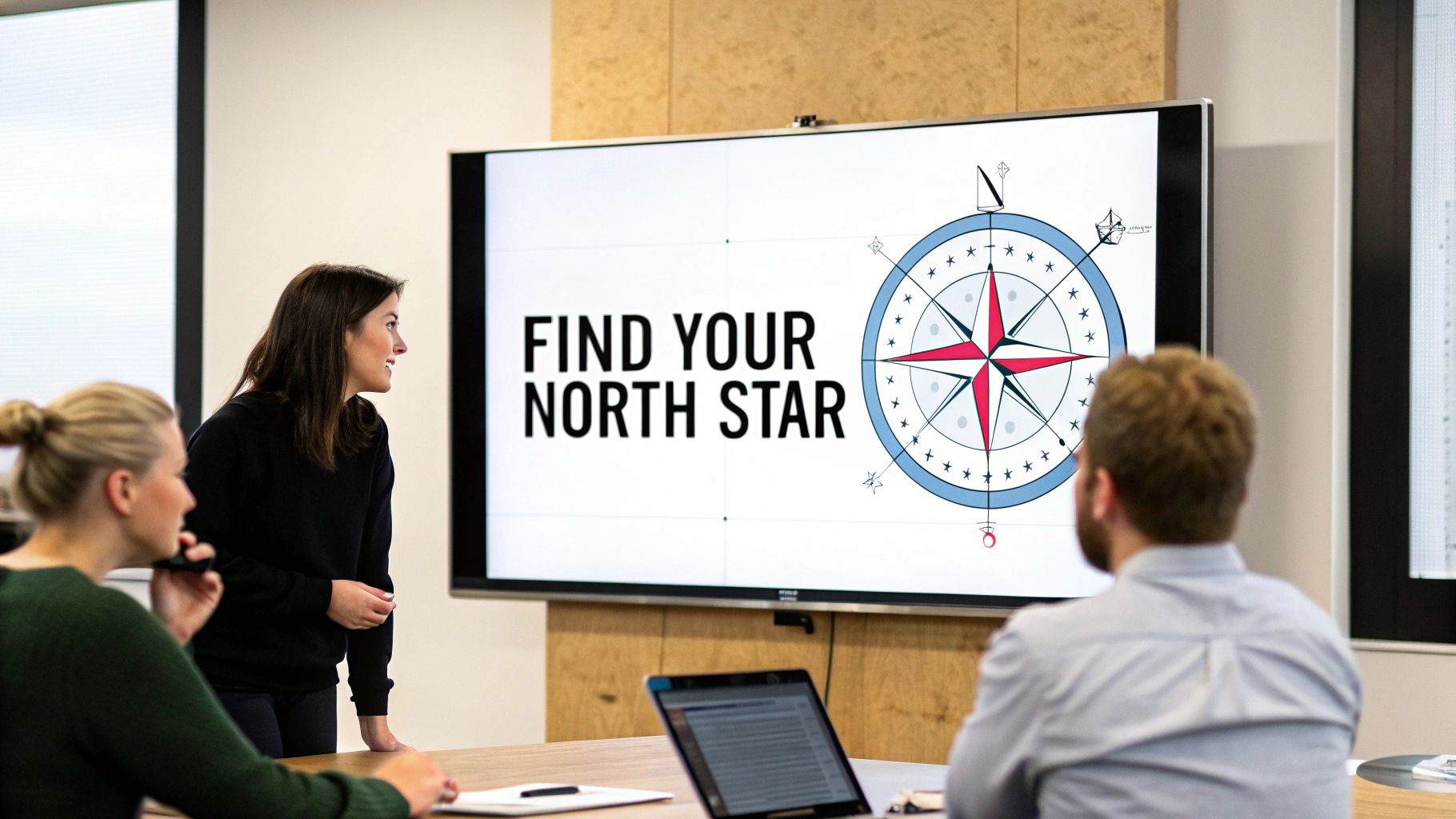 A woman presents "FIND YOUR NORTH STAR" and a compass rose on a screen to two colleagues.