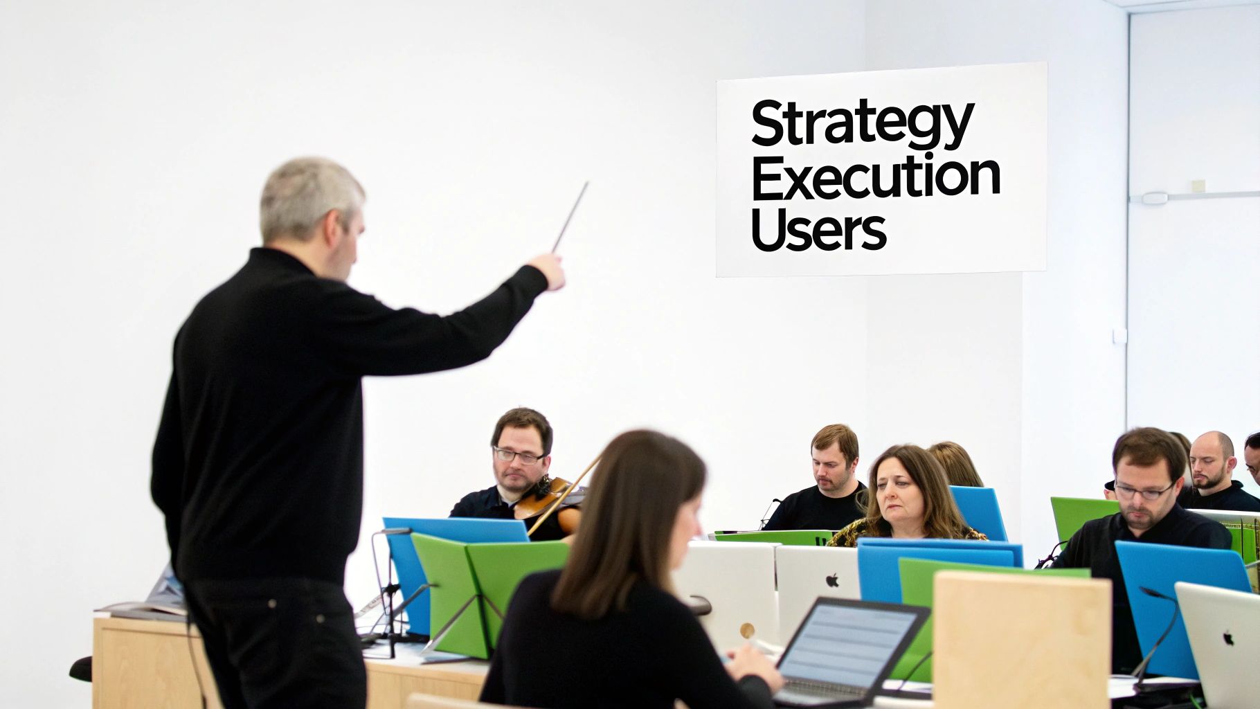 A group of product managers collaborating around a whiteboard with sticky notes, illustrating strategic planning.