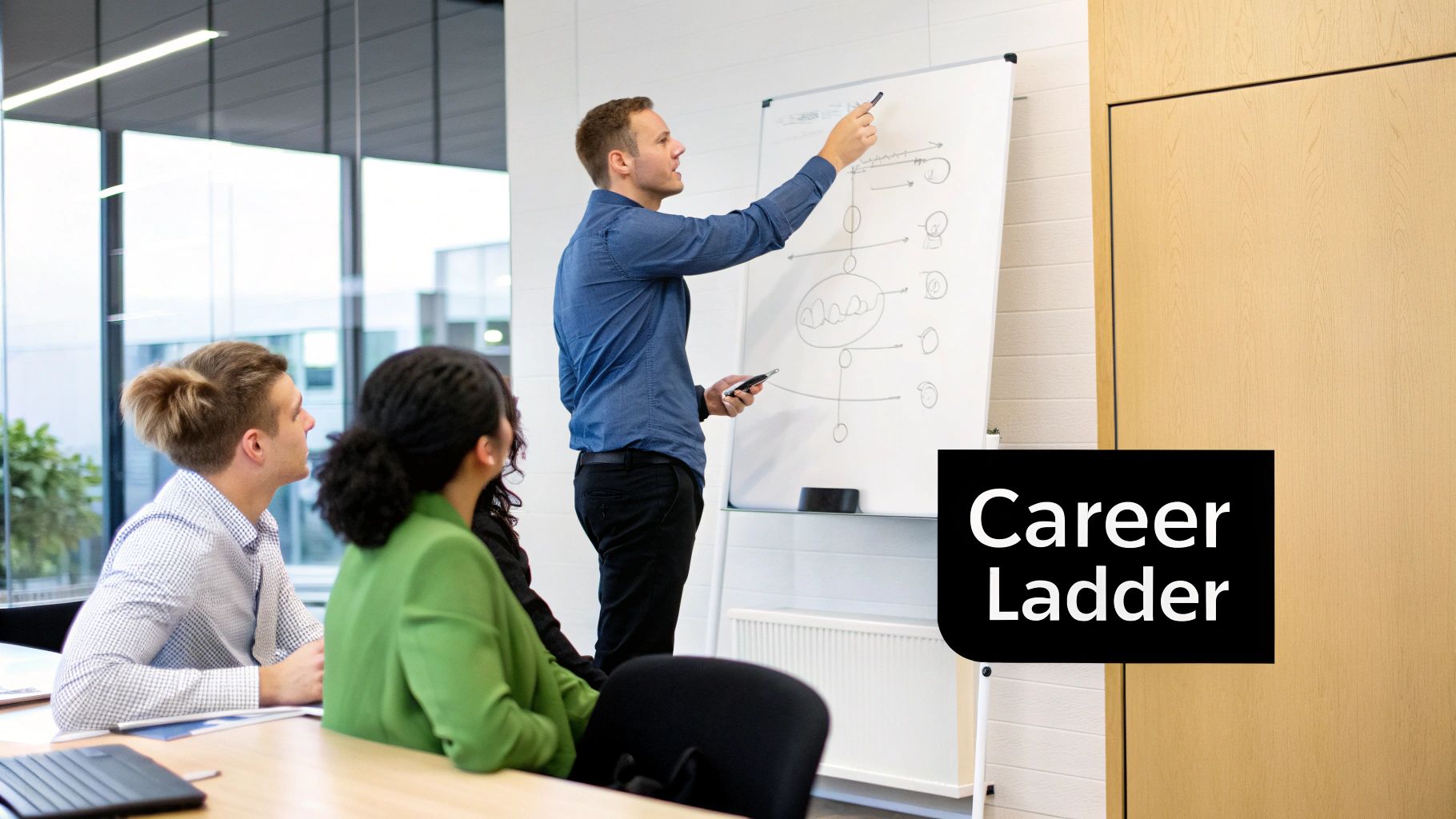 A man explains a career ladder diagram on a whiteboard to attentive colleagues in a modern office.