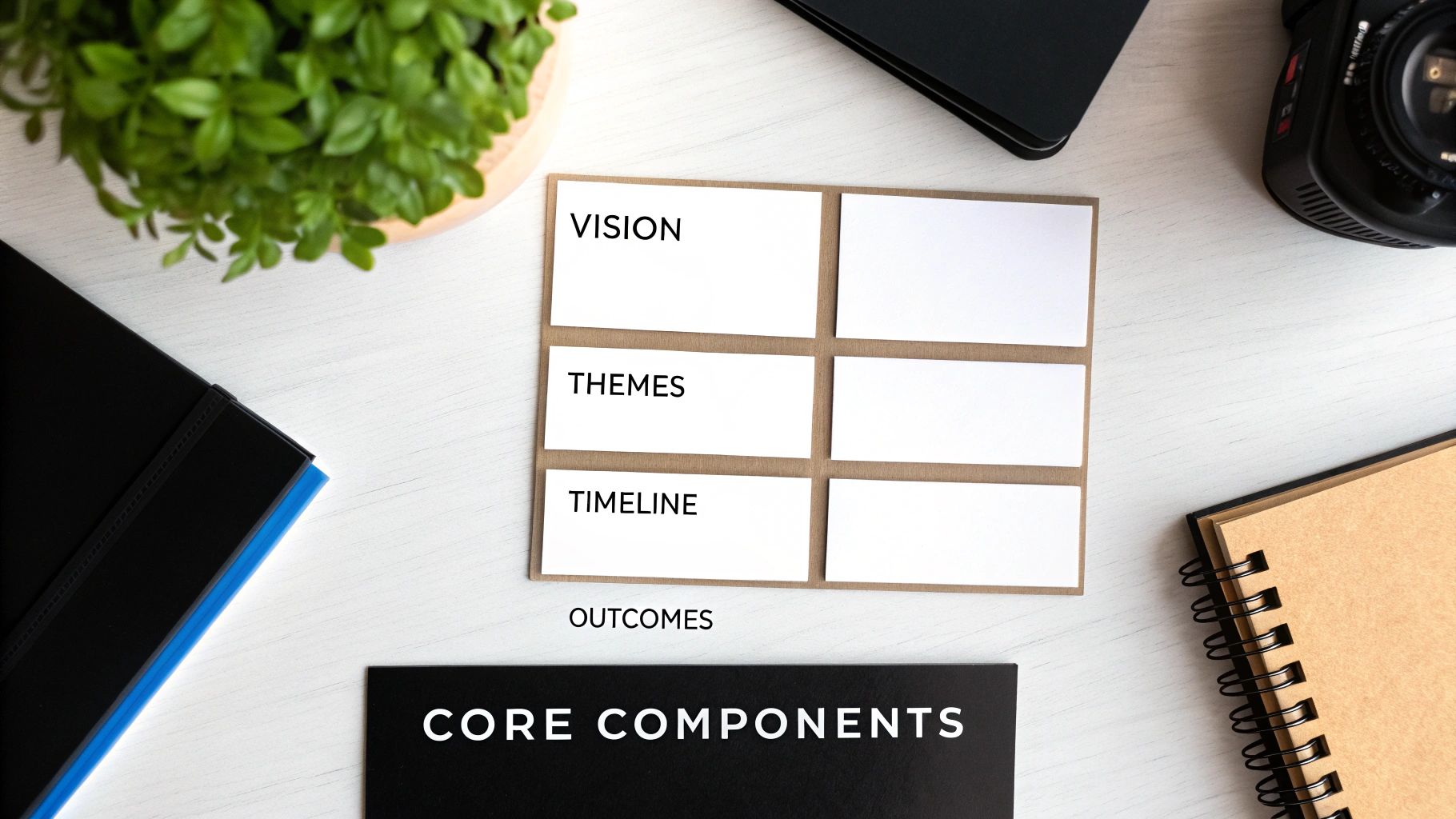 Overhead flat lay of a desk with a roadmap template showing vision, themes, and timeline.