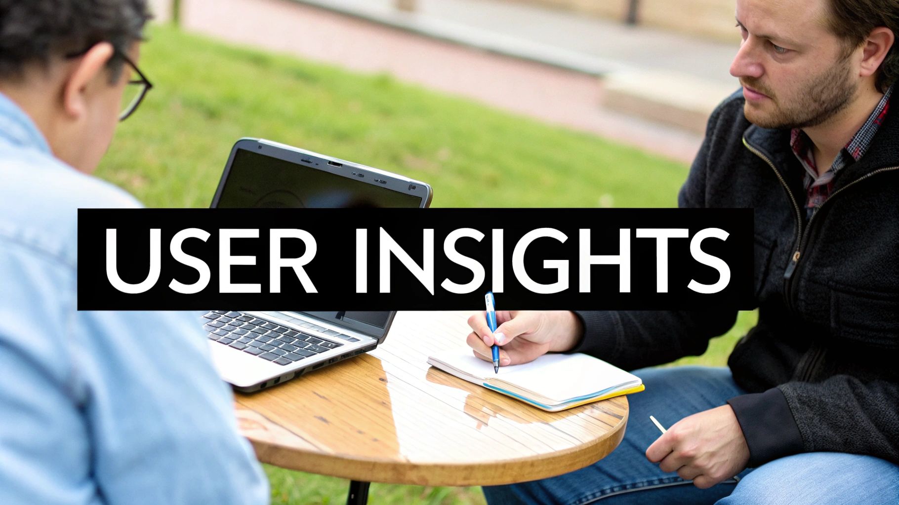 Two men discussing 'USER INSIGHTS' outdoors with a laptop and notebook on a wooden table.