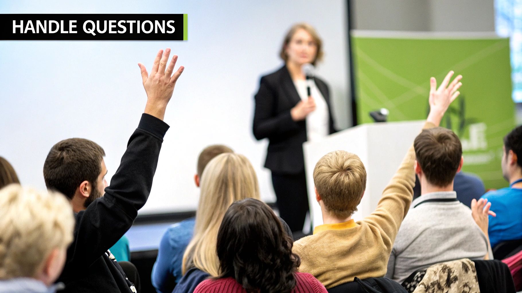 A confident product manager presenting to a group of engaged executives in a bright, modern meeting room.
