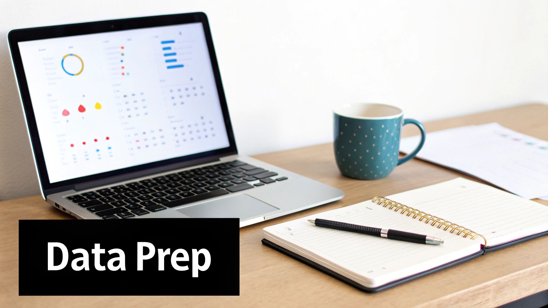 Laptop displaying colorful data visualization charts and graphs on wooden desk with notebook and coffee mug
