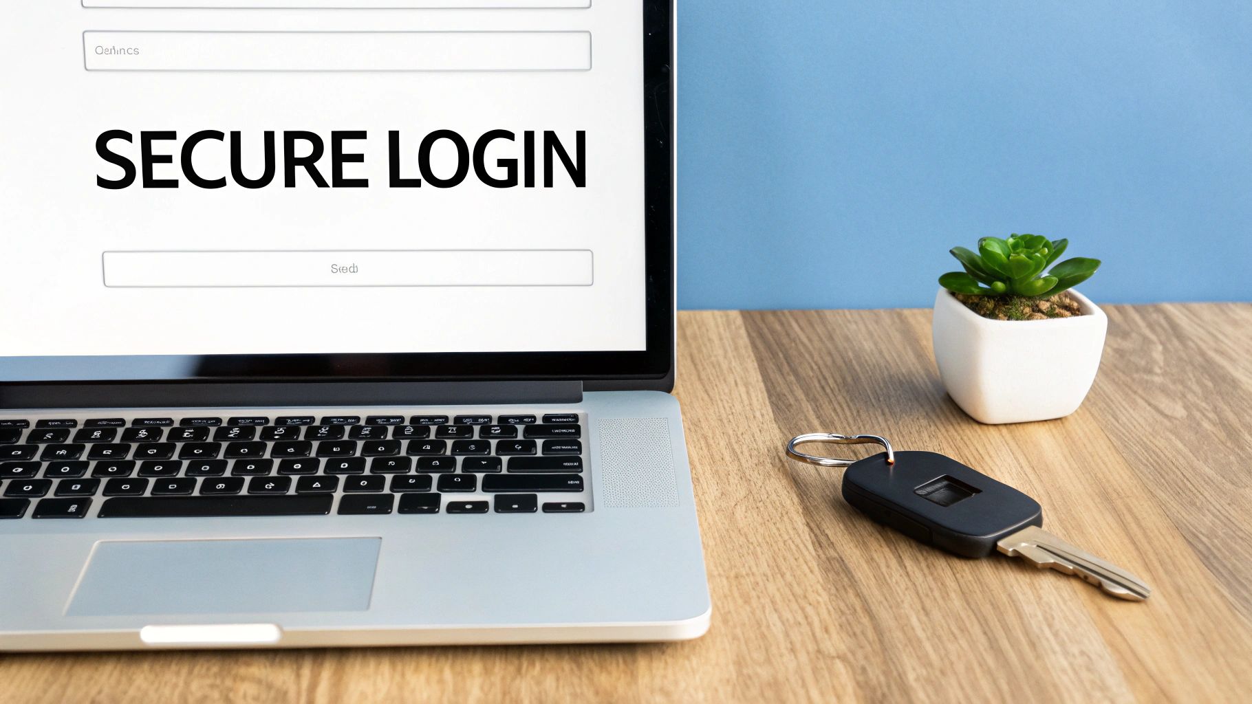 A laptop displays 'SECURE LOGIN' on its screen, next to a car key and a small plant.