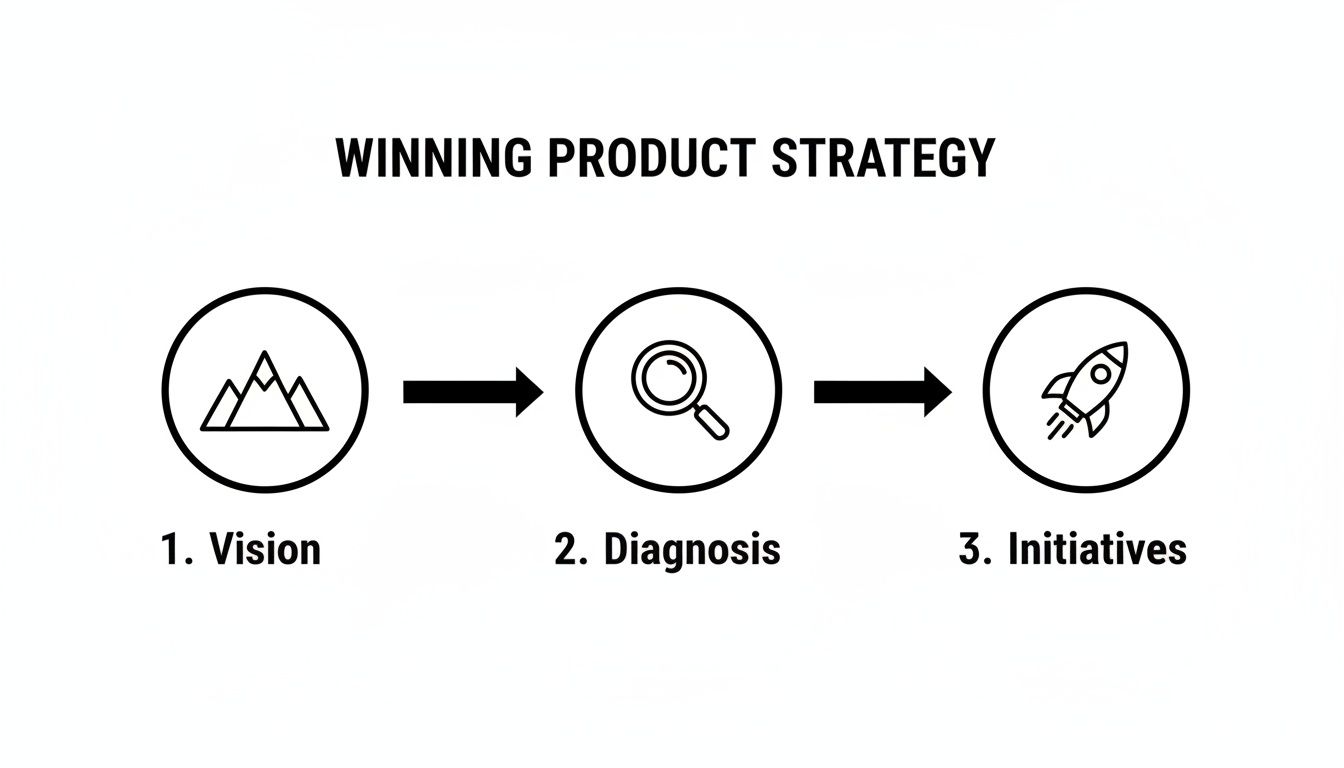 Winning product strategy diagram showing three steps: Vision, Diagnosis, and Initiatives with corresponding icons.