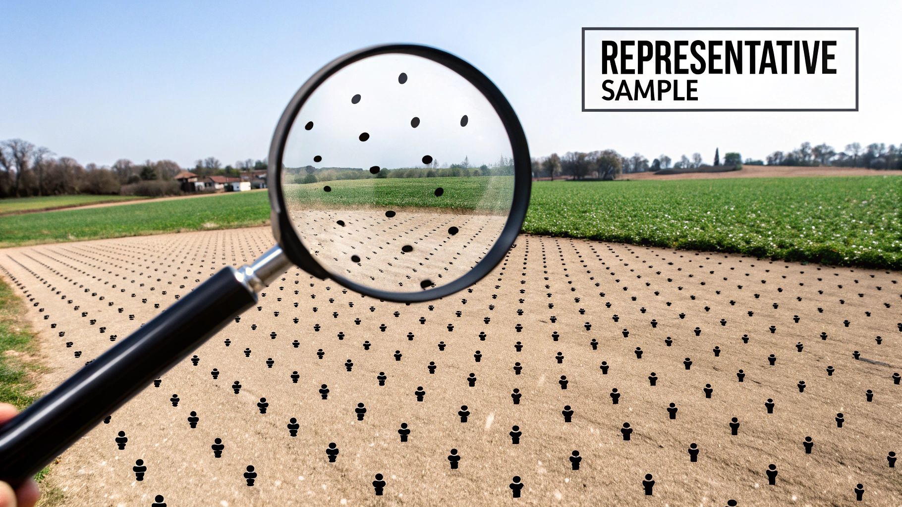 Magnifying glass over a field of people icons, highlighting a representative sample.