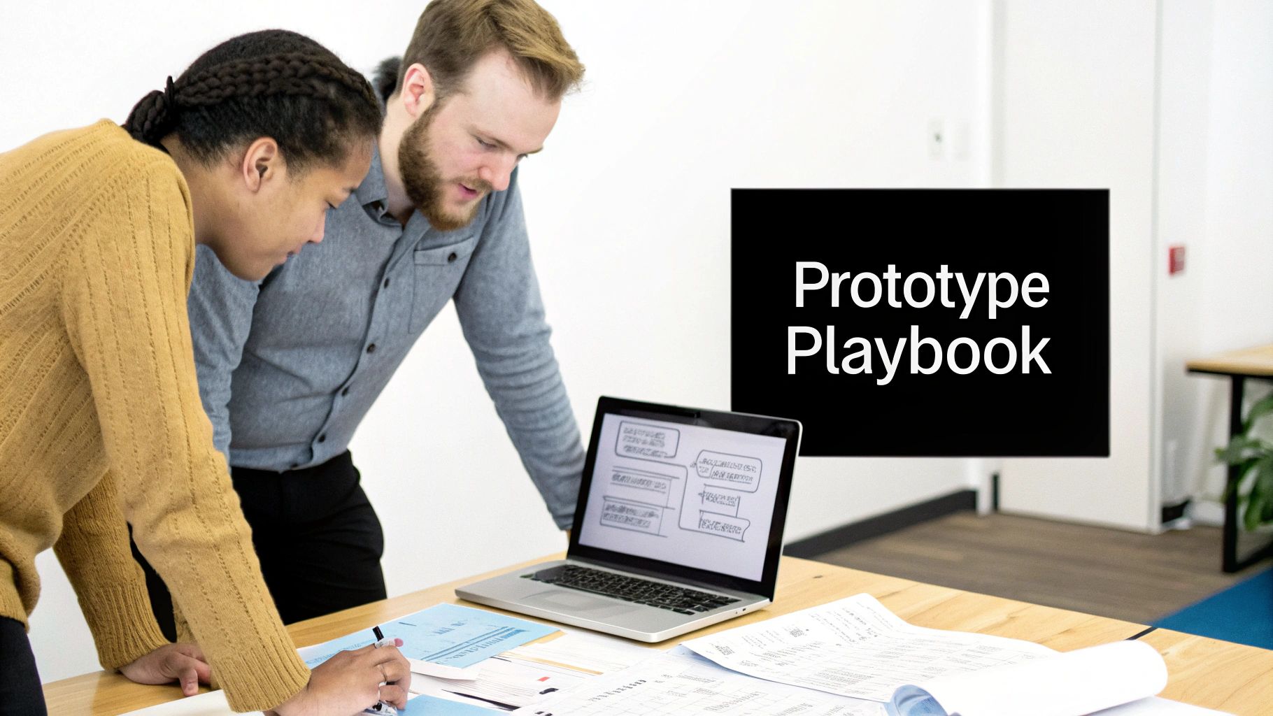 Two professionals collaborate, reviewing a laptop with diagrams and documents on a wooden desk, with 'Prototype Playbook' displayed.