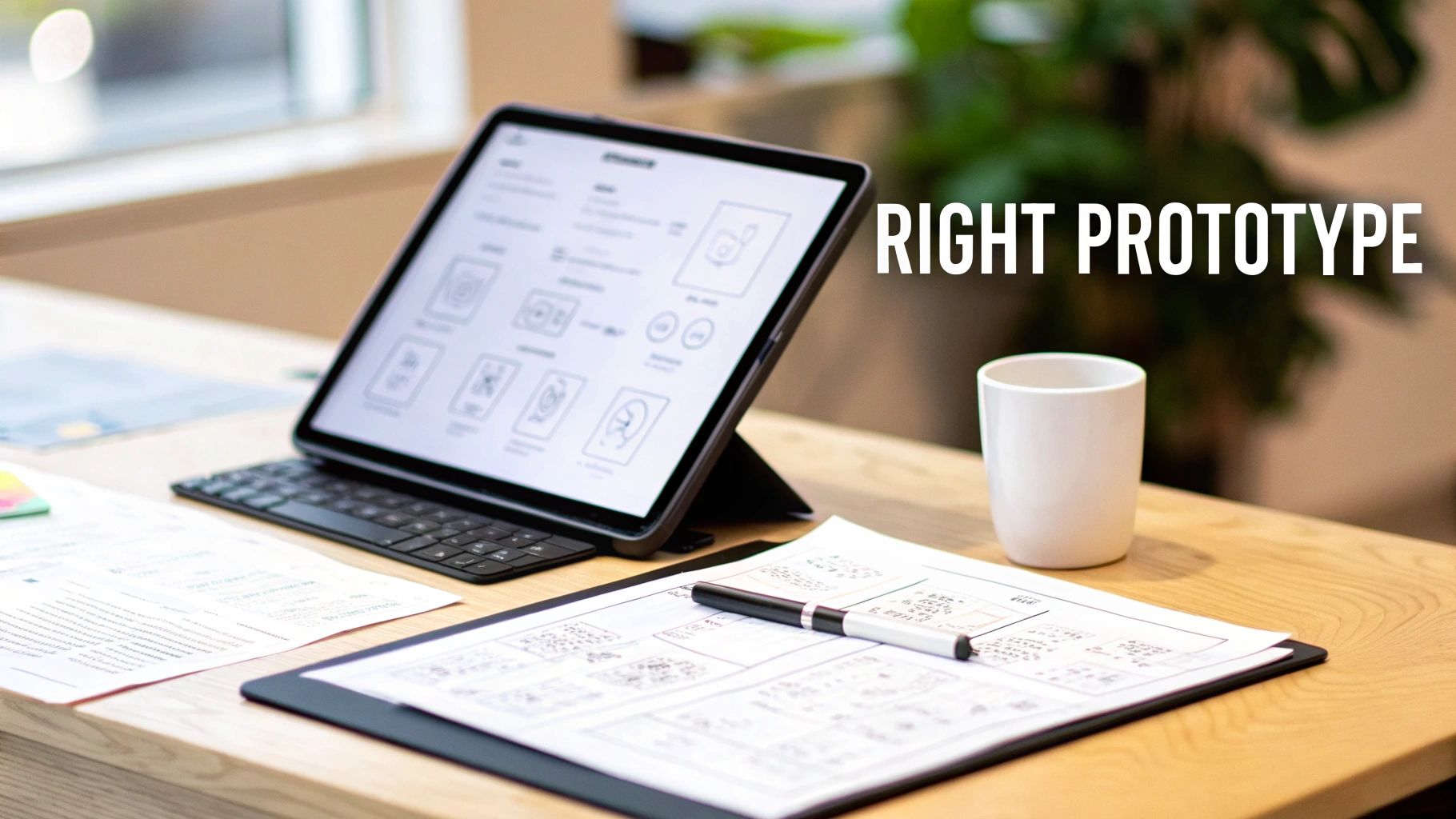 A modern workspace featuring a tablet displaying UI prototypes, paper sketches, a pen, and a cup.