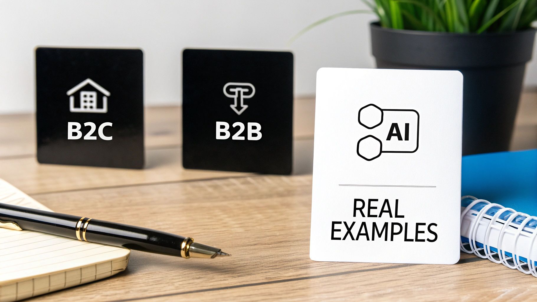 Cards displaying B2C, B2B, and AI real examples on a wooden desk with a pen.