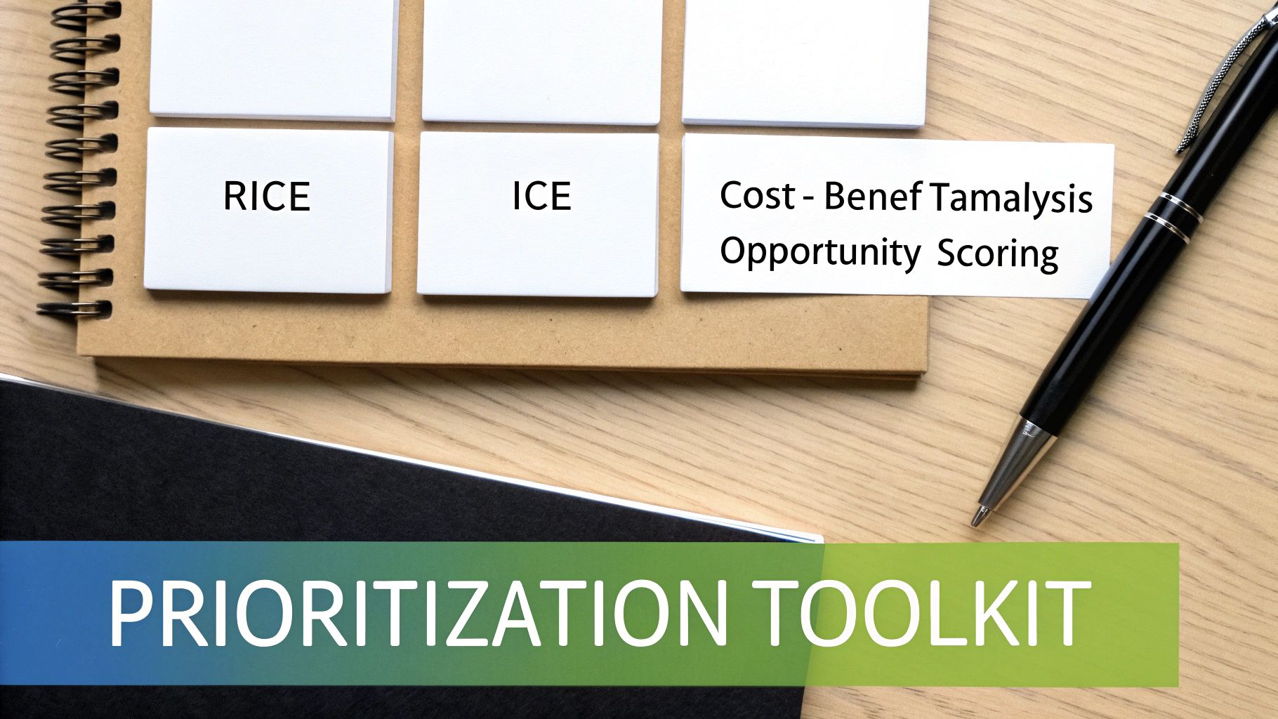 A desk with a notebook, pen, and cards showing 'Prioritization Toolkit' and scoring methods like RICE and ICE.