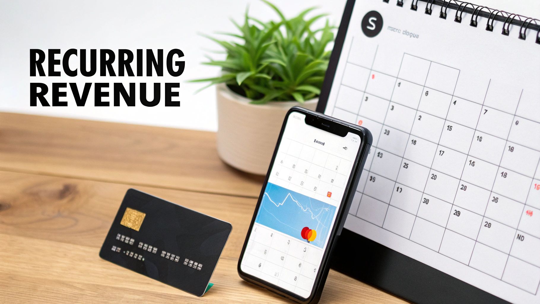 Credit card, smartphone displaying calendar and chart, and desk calendar for recurring revenue.