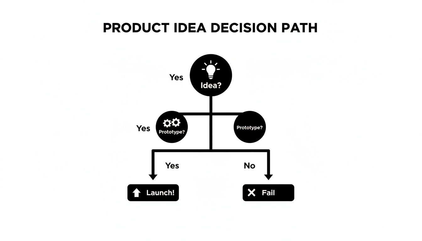 A product idea decision path flowchart showing steps from idea to prototyping, leading to launch or failure.