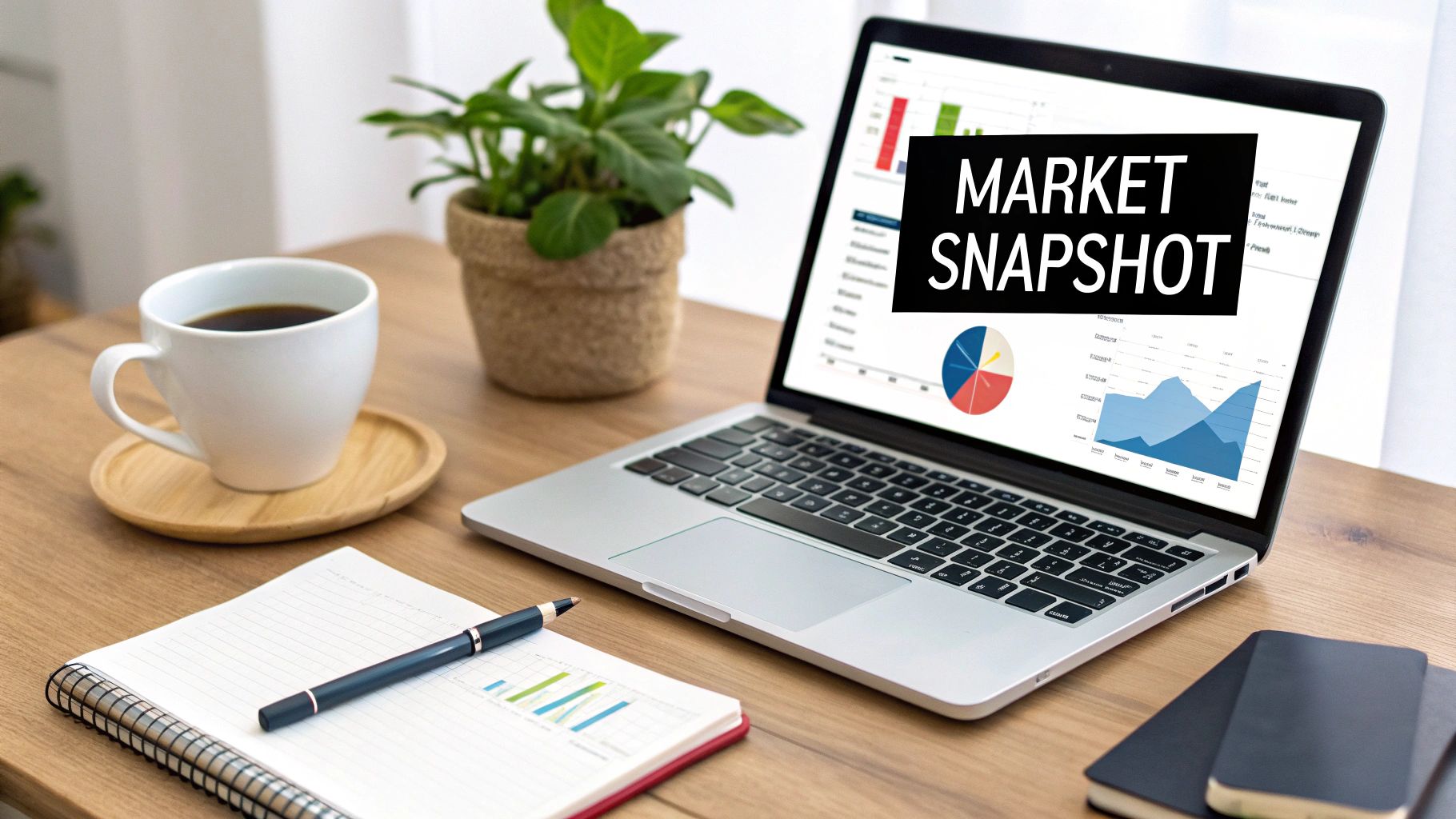 A professional desk setup with a laptop, notebook, and coffee, symbolizing a remote-ready workspace.