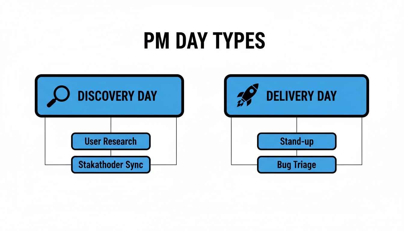 Diagram illustrating Product Manager day types: Discovery Day for user research, and Delivery Day for stand-up and bug triage.