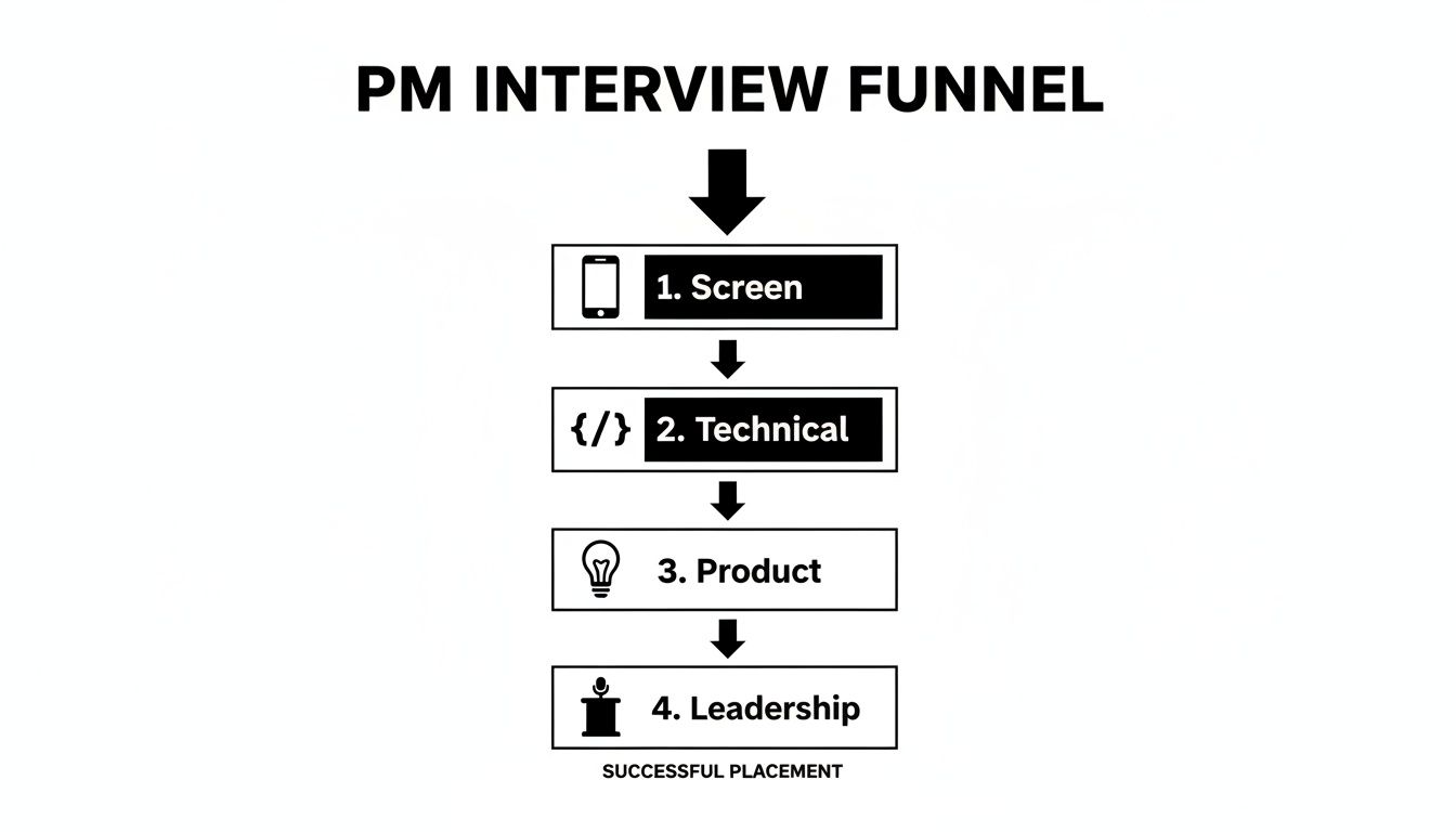 A diagram illustrates the PM interview funnel's four stages: Screen, Technical, Product, and Leadership, leading to successful placement.