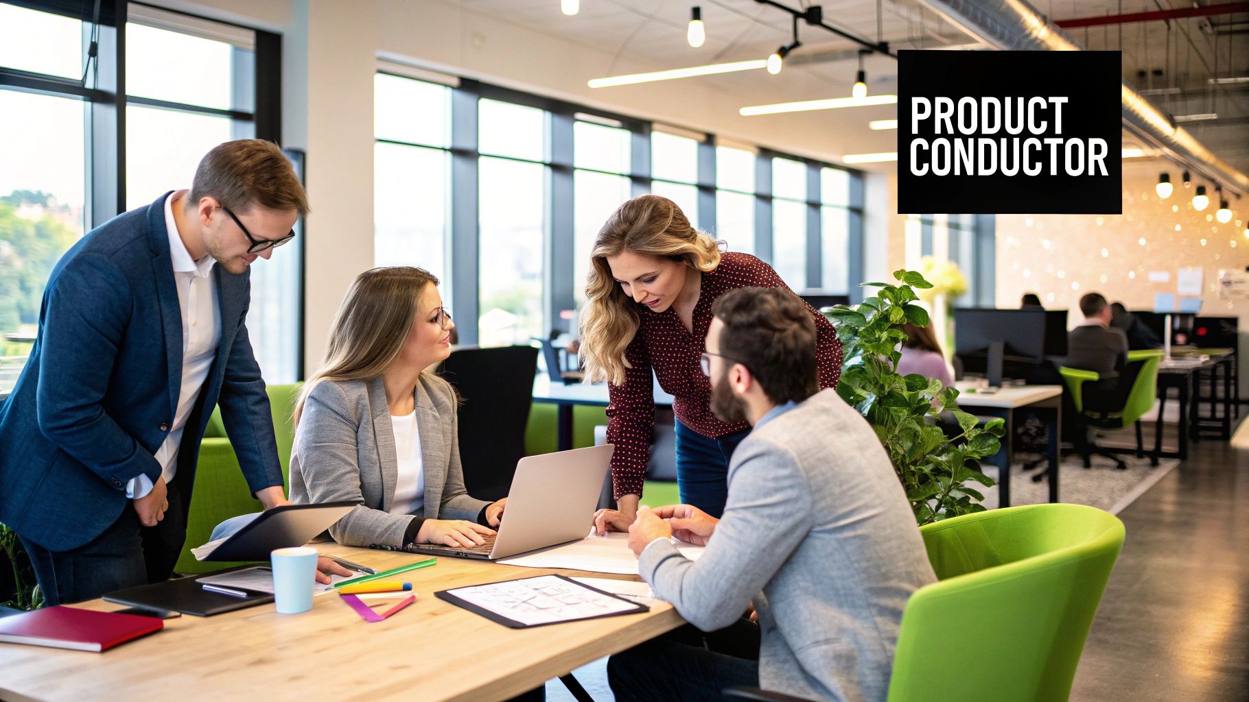 Product managers collaborating on a project with sticky notes.