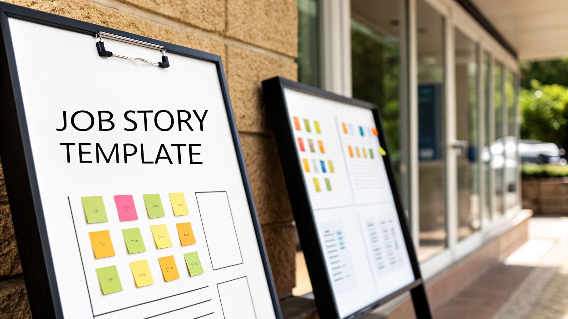 A whiteboard displays a 'JOB STORY TEMPLATE' with colorful sticky notes for project management planning.