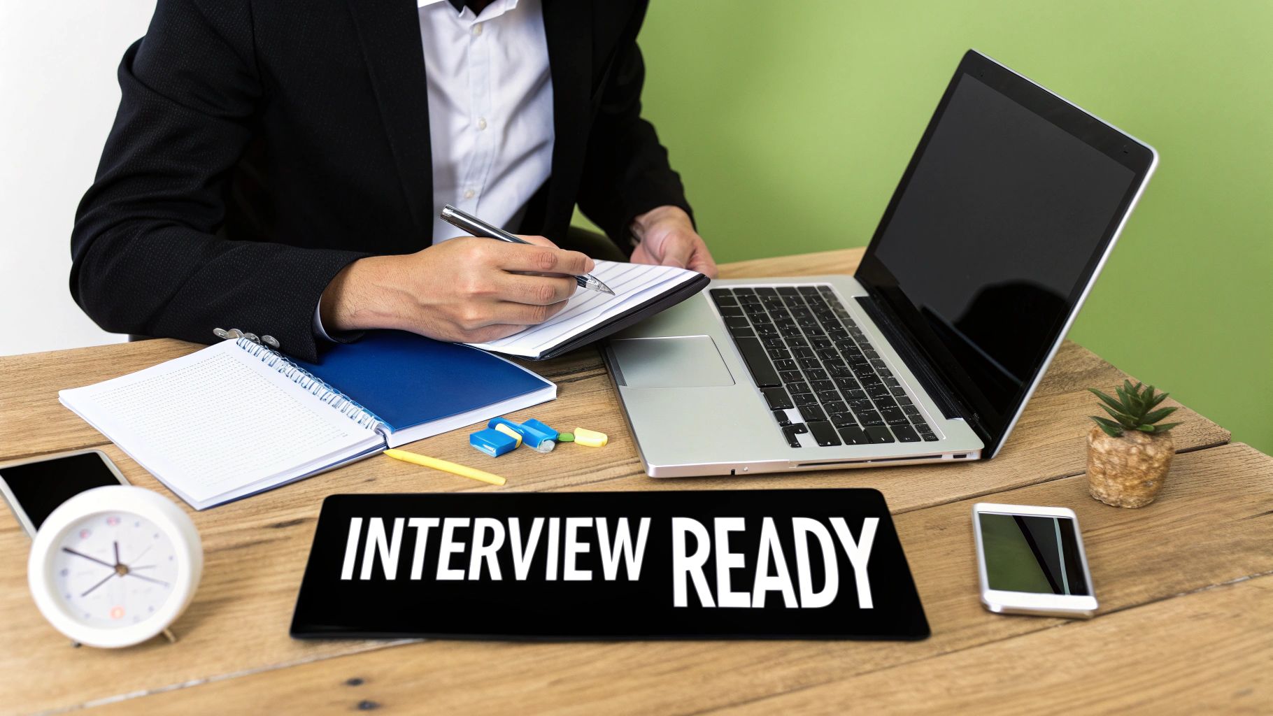 Person writing notes at a desk with a laptop and an 'INTERVIEW READY' sign, preparing for an interview.