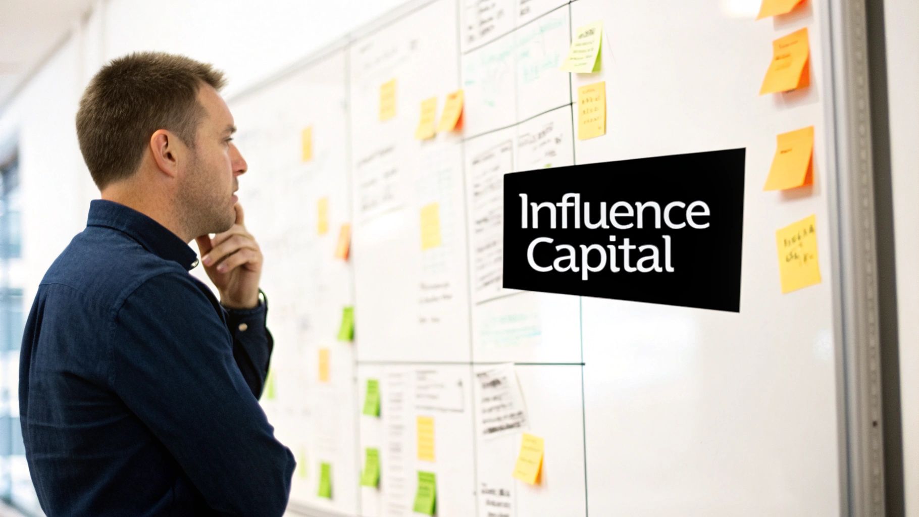 Man in a blue shirt contemplating a whiteboard covered with sticky notes and diagrams, featuring 'Influence Capital' text.