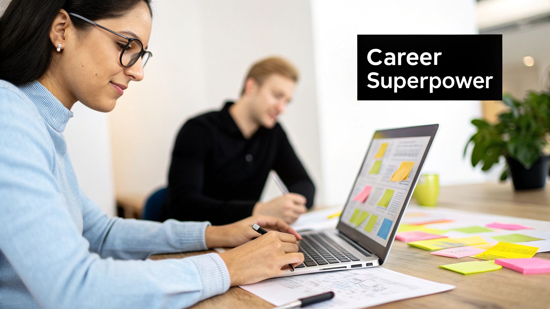 A woman in glasses works on a laptop with colorful sticky notes, alongside a colleague in an office.