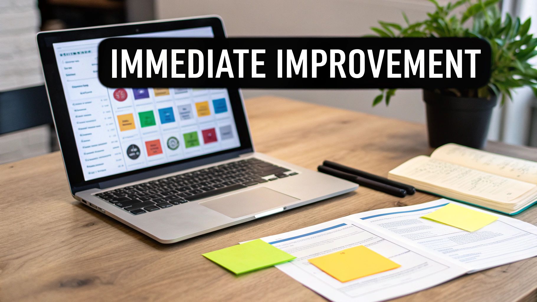 Laptop displaying colorful dashboard with documents and sticky notes on wooden desk workspace