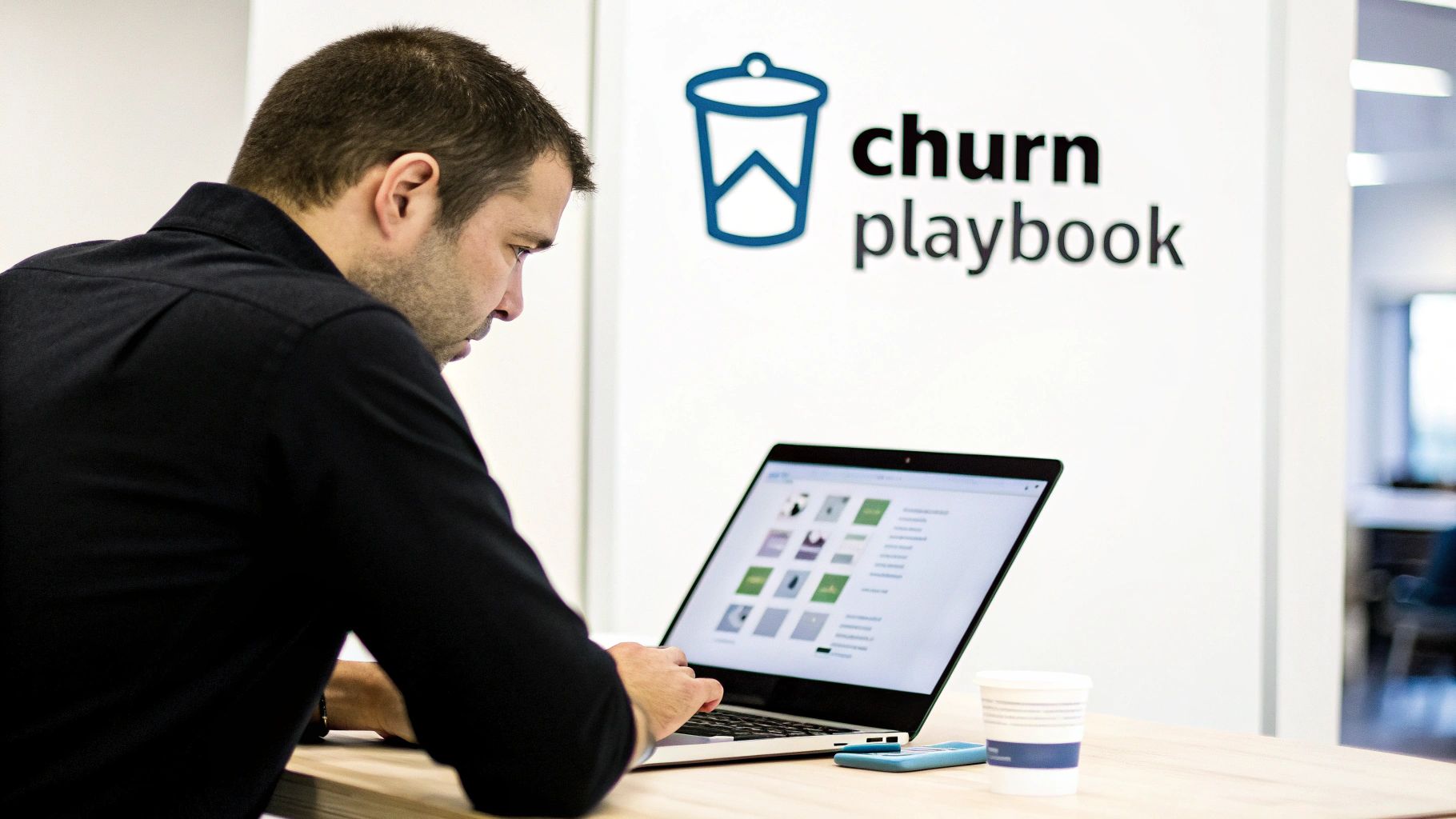 A man in a black shirt working on a laptop, with a "churn playbook" sign visible.
