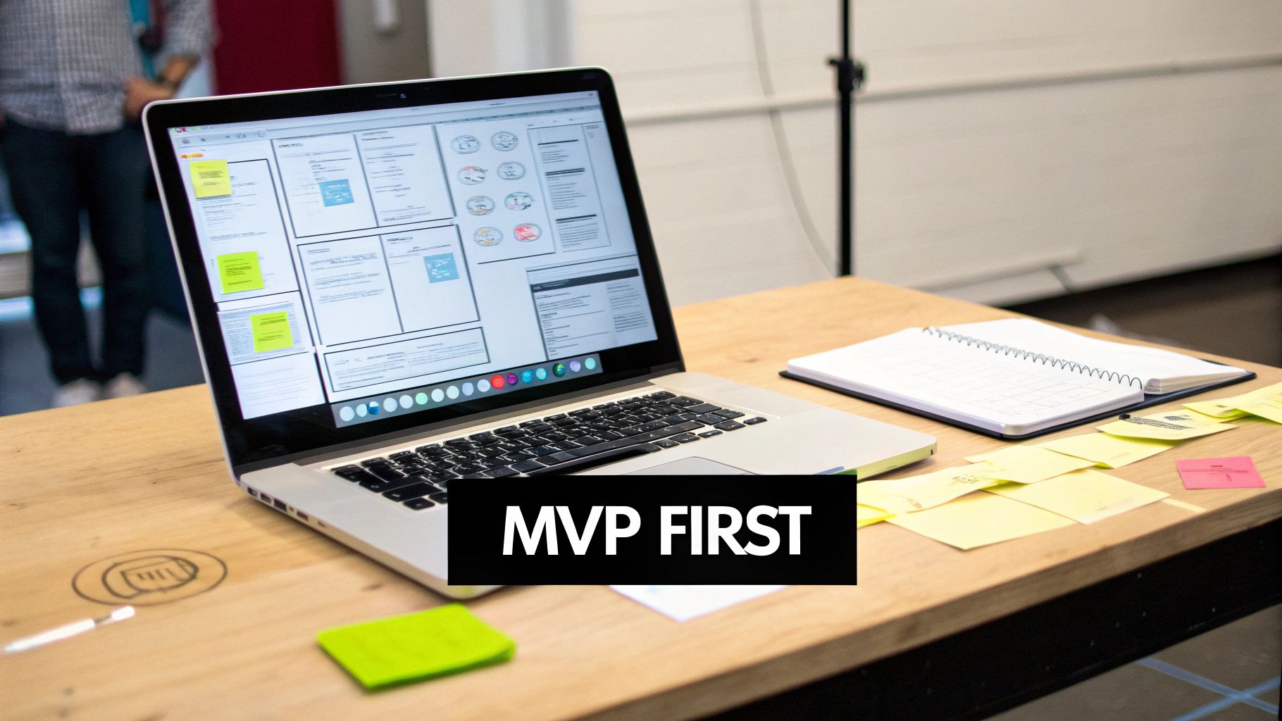 A laptop showing business strategy canvas on a wooden desk, surrounded by sticky notes and a 'MVP FIRST' label.