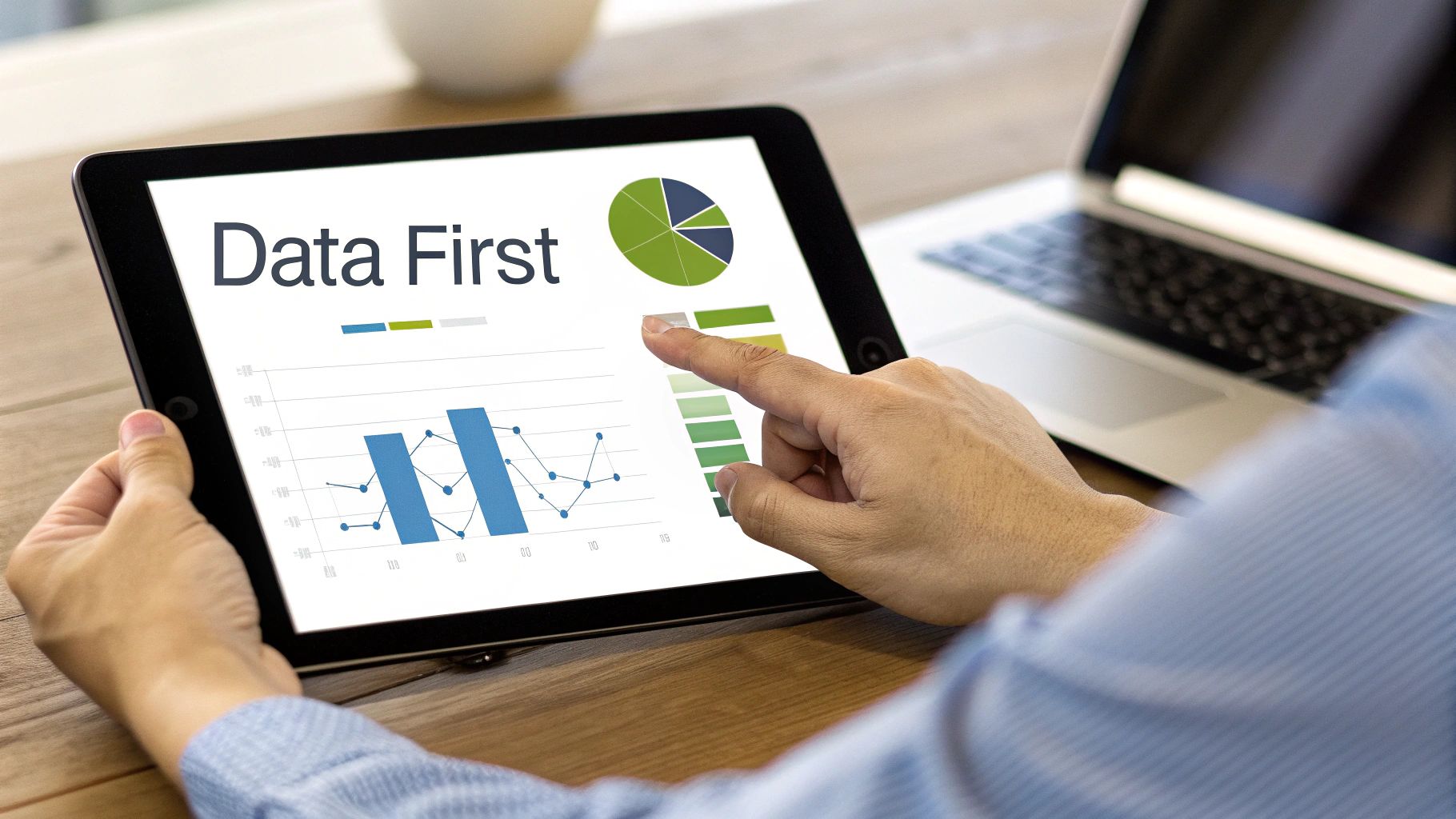A person interacts with data visualizations on a tablet, showing 'Data First' and various charts.