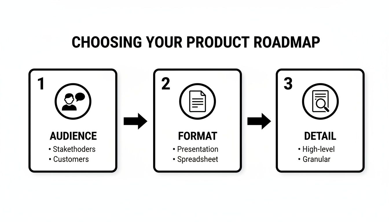A three-step process for choosing a product roadmap, covering audience, format, and detail.