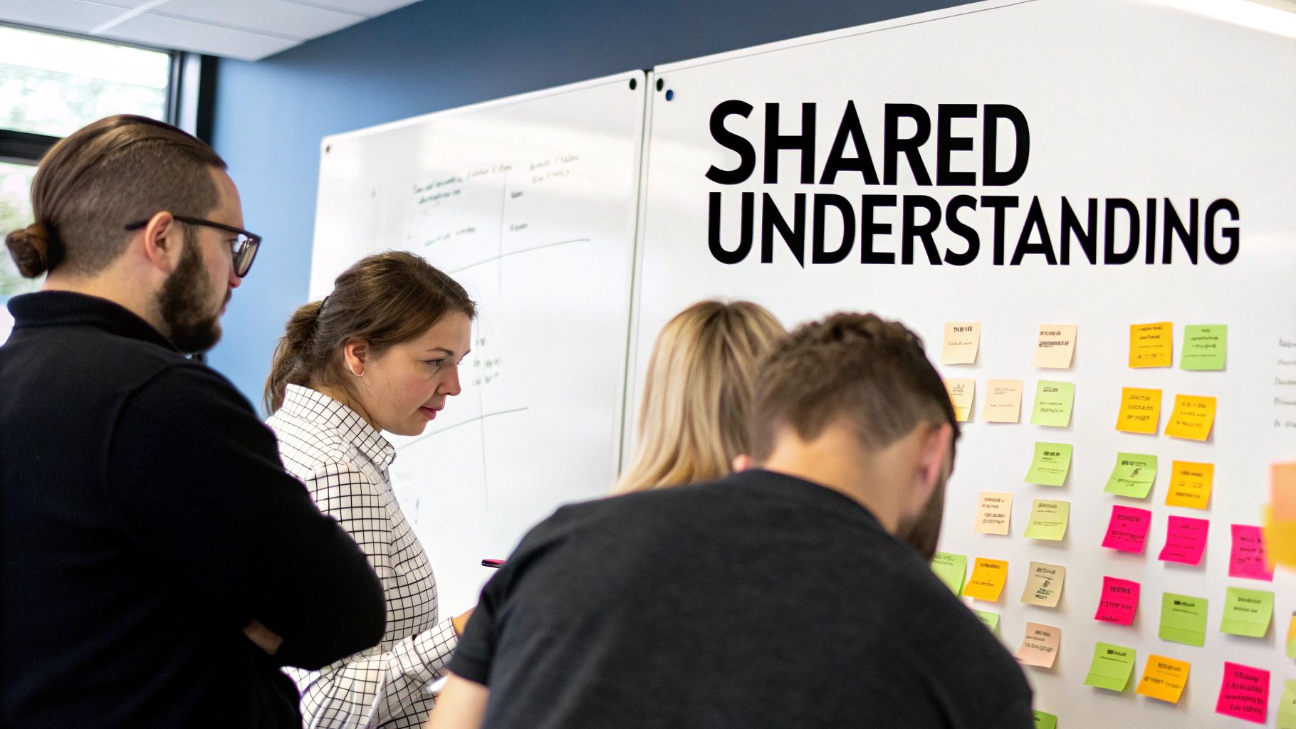 A group of people collaboratively looking at a whiteboard filled with sticky notes and text.