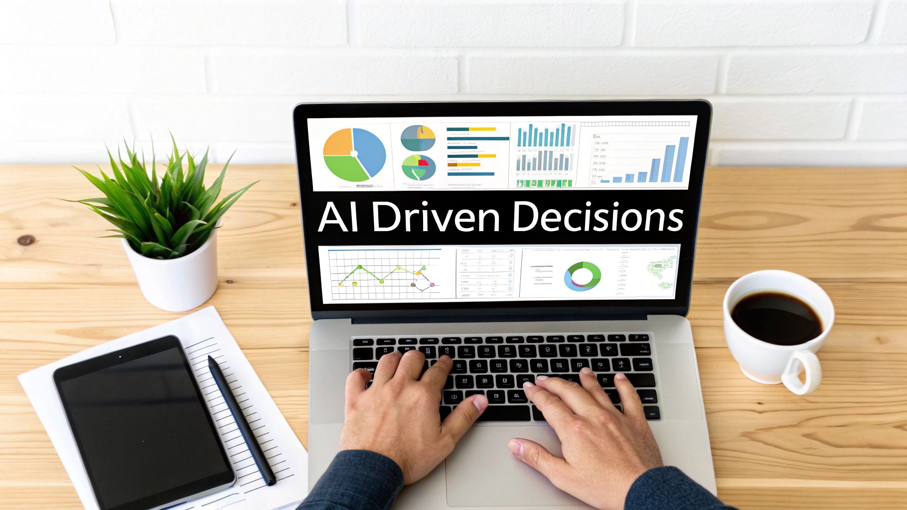 A person types on a laptop displaying 'AI Driven Decisions' and business intelligence charts.