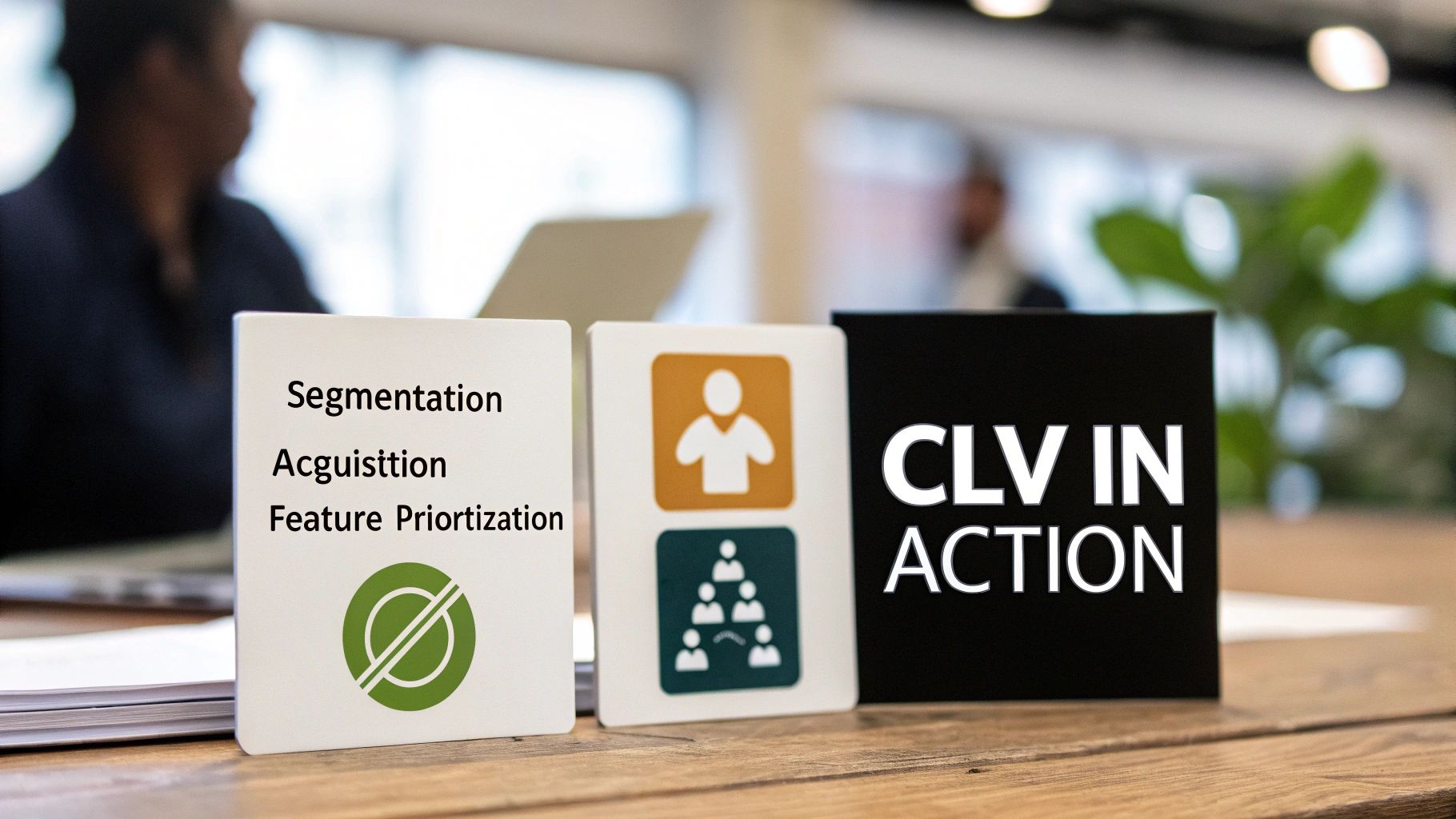 A team of product managers collaborating around a whiteboard with CLV data and charts