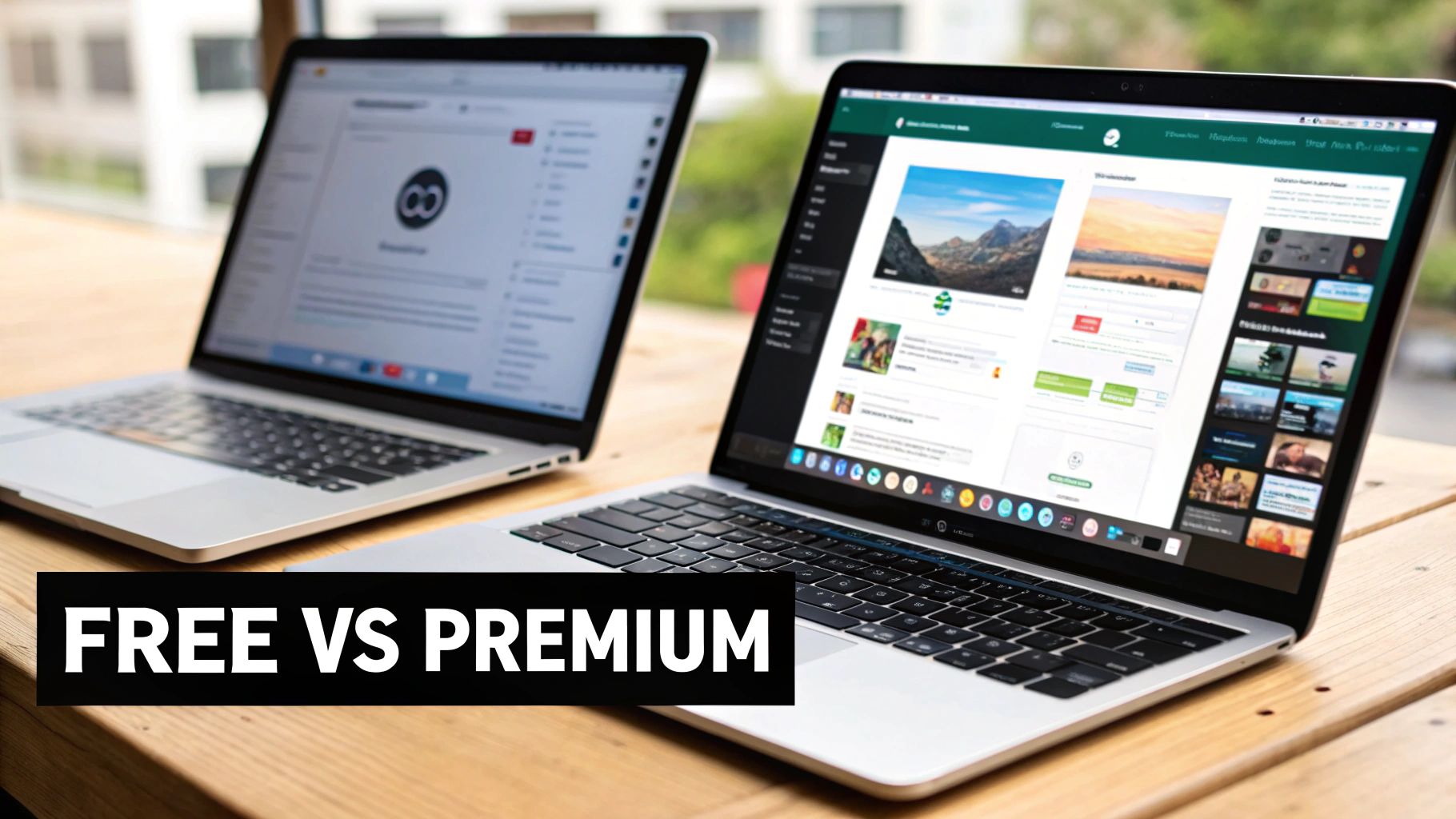 Two laptops on a wooden table, one displaying a simple interface and the other a content-rich platform, with a 'FREE VS PREMIUM' banner.