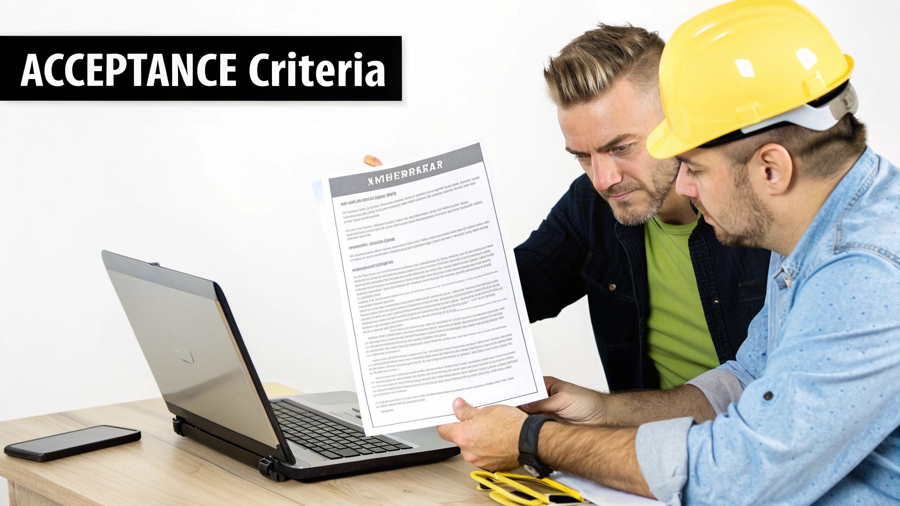 Two men, one in a hard hat, review a document titled 'ACCEPTANCE Criteria' and a laptop.