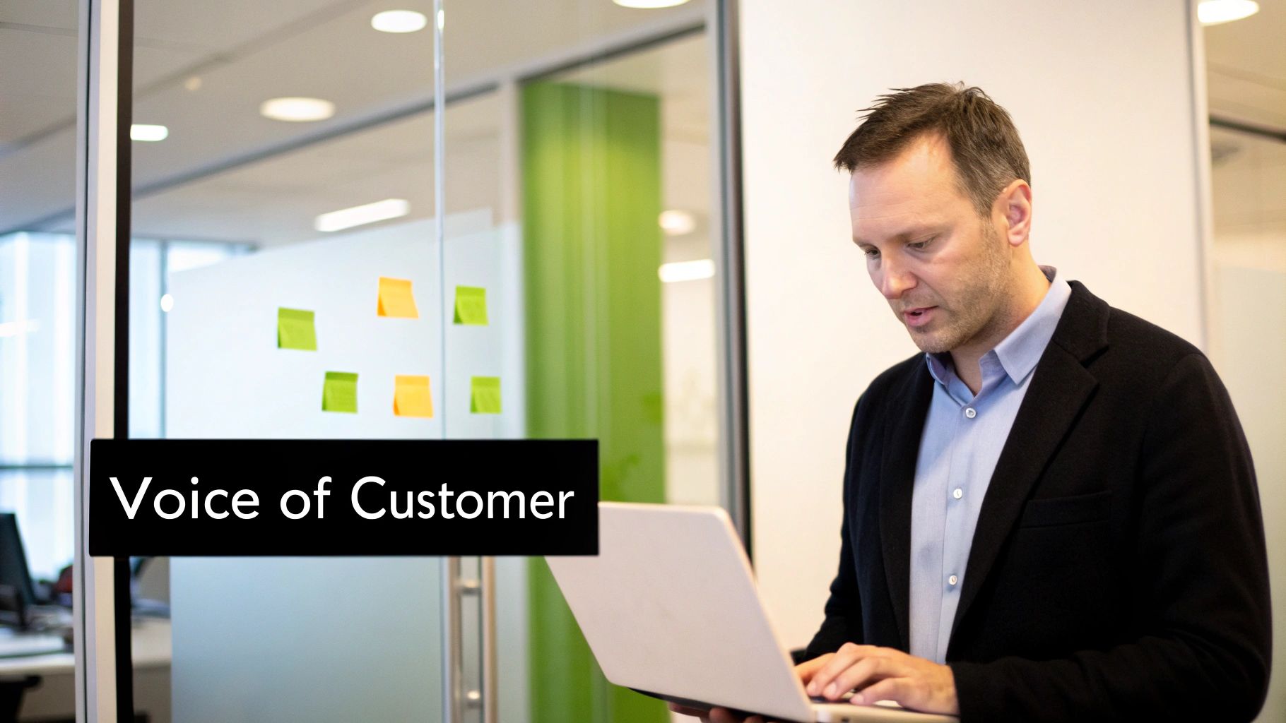 Professional man uses a laptop in an office, with 'Voice of Customer' text overlay.