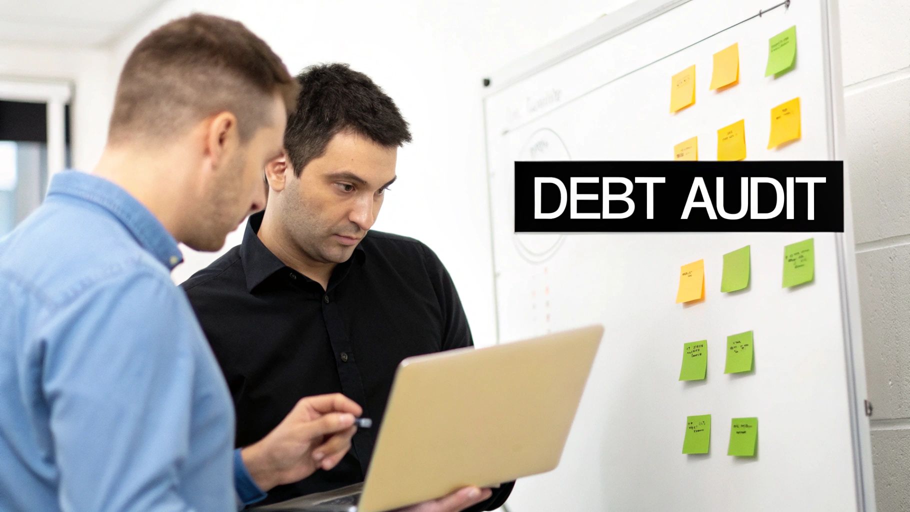 Two professionals reviewing debt audit documentation on laptop with sticky notes board