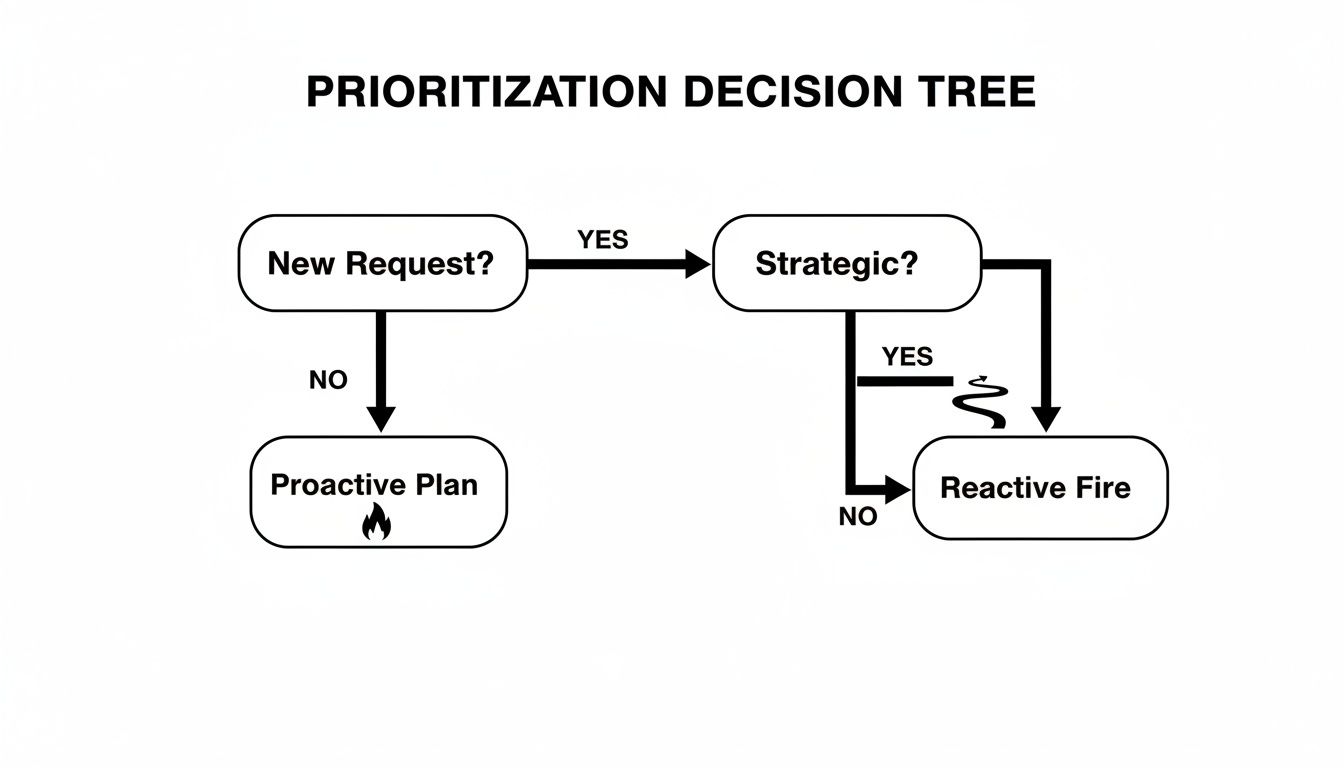 A prioritization decision tree flowchart illustrating steps for new requests, strategic tasks, and proactive versus reactive work.