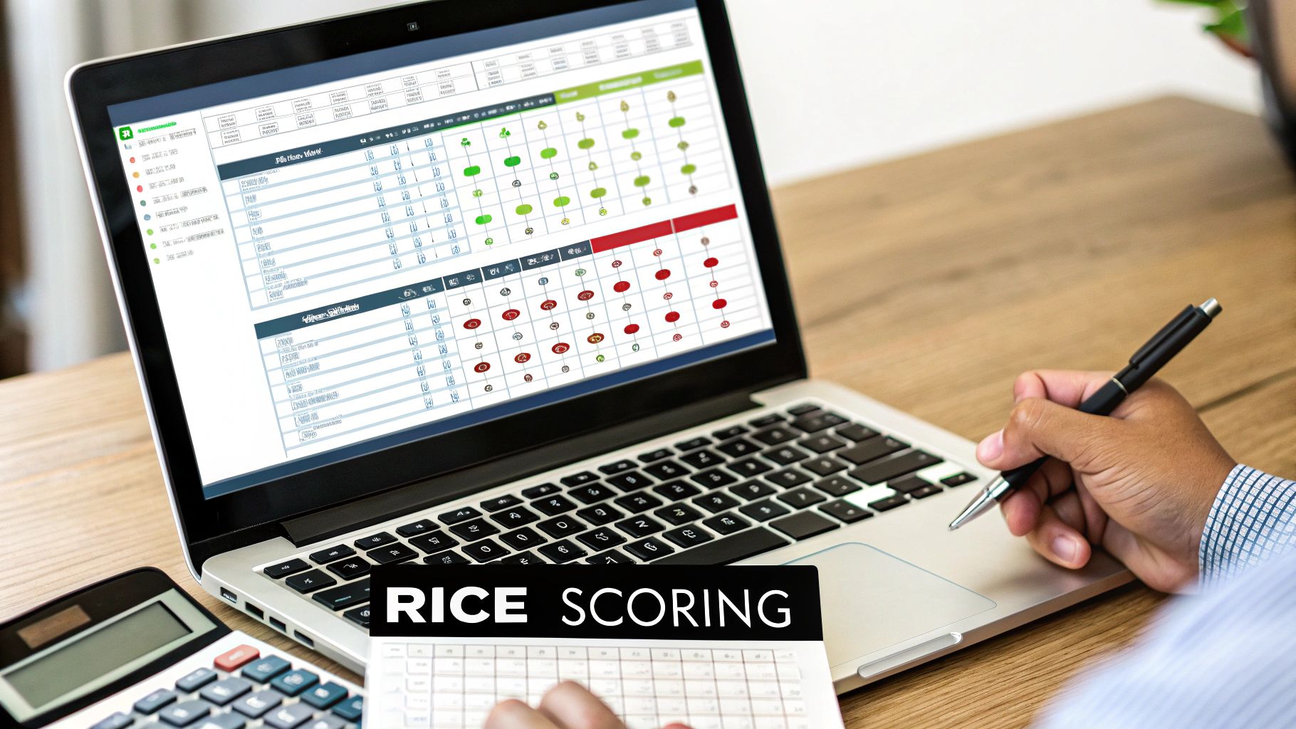 A person scoring data on a laptop using the RICE scoring framework, with a calculator nearby.