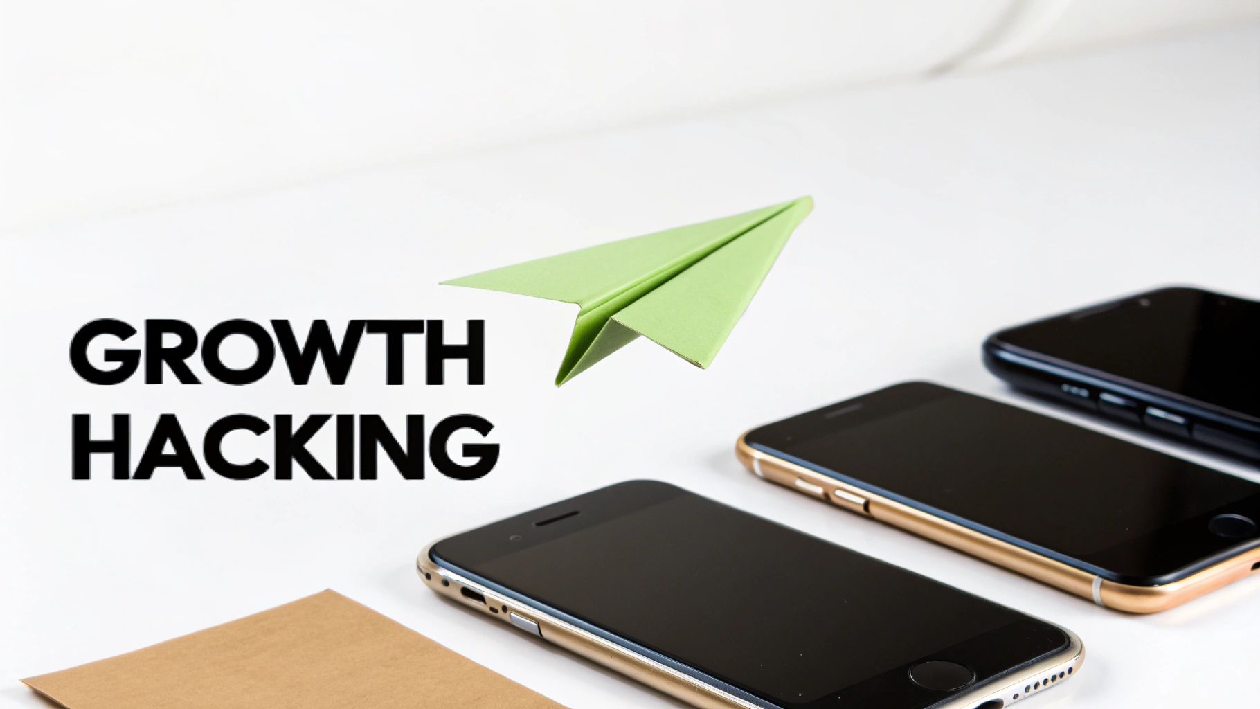 Text 'GROWTH HACKING' with a green paper airplane flying above multiple modern smartphones.
