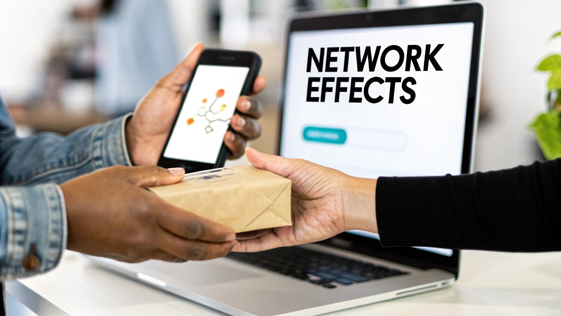 Two people's hands exchange a package, with a smartphone showing a network graphic and a laptop displaying 'NETWORK EFFECTS'.