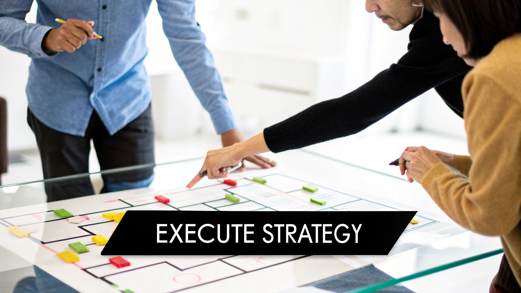 A team collaborates around a whiteboard, bringing a product strategy to life with sticky notes and charts.