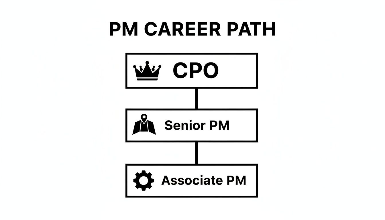A career path diagram illustrating the progression from Associate PM to Senior PM to CPO.