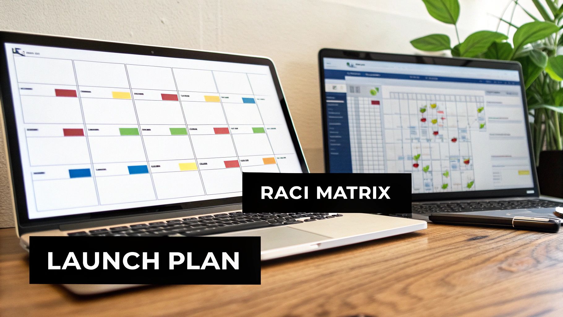 Two laptops on a wooden desk display project management tools for a launch plan and RACI matrix.