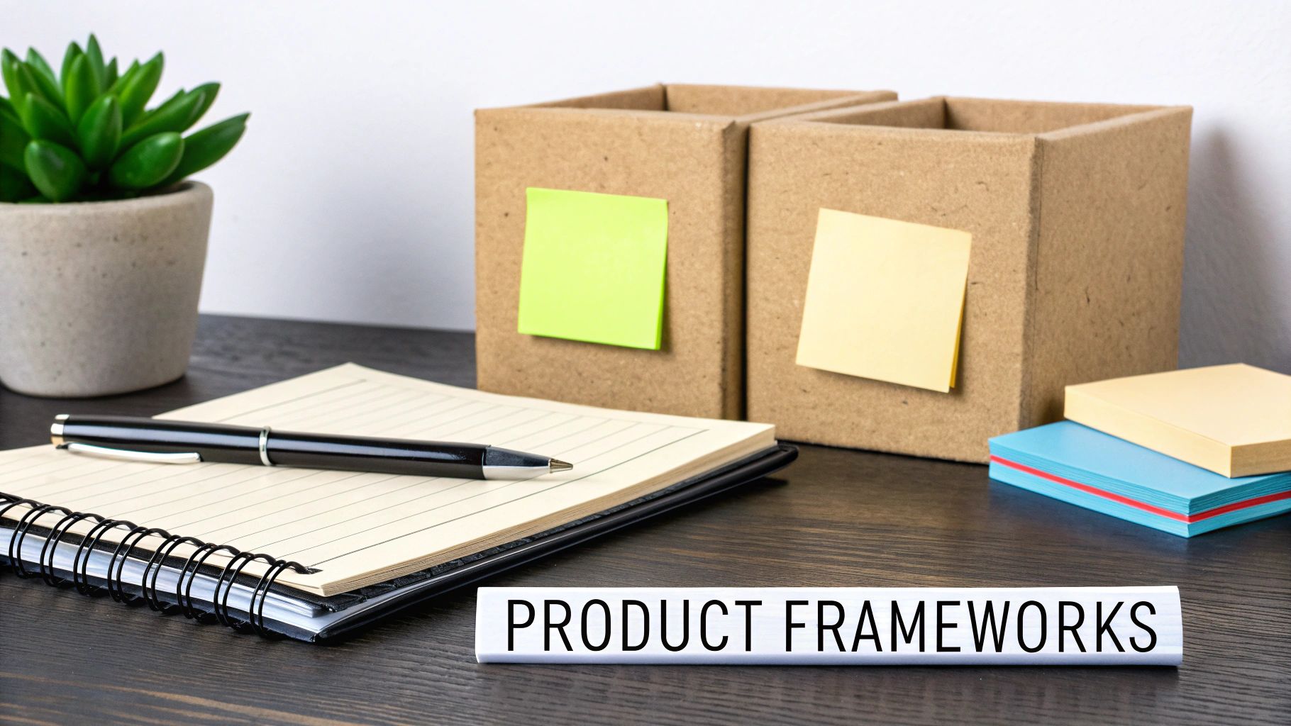 A productivity desk setup featuring a notebook, pen, plant, sticky notes, and a 'PRODUCT FRAMEWORKS' sign.
